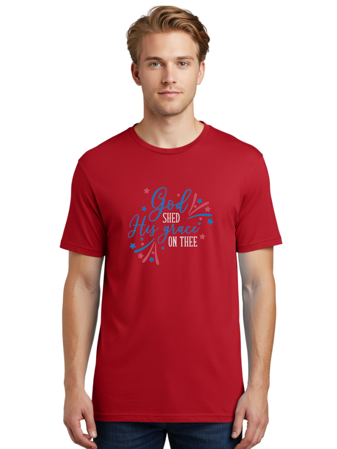 God-Shed-His-Grace-On-Thee Men'S Graphic Tee, 100% Cotton, Comfortable Casual Summer Wear, Machine Washable, Inspirational Quote, Faith-Based Design, Scripture Art, Devotional Graphics, Motivational Words, Christian Decor, Blue And Pink Stars, Aac768