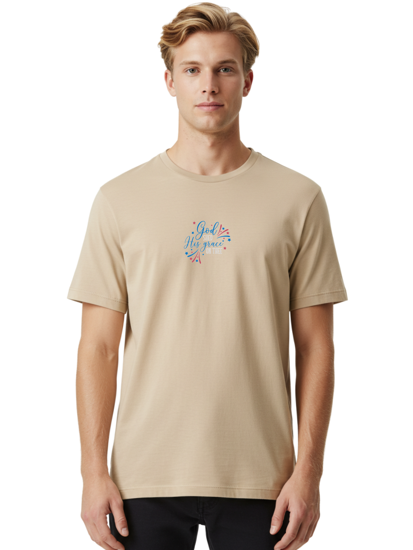 God-Shed-His-Grace-On-Thee Men'S Graphic Tee, 100% Cotton, Comfortable Casual Summer Wear, Machine Washable, Inspirational Quote, Faith-Based Design, Scripture Art, Devotional Graphics, Motivational Words, Christian Decor, Blue And Pink Stars, Aac768