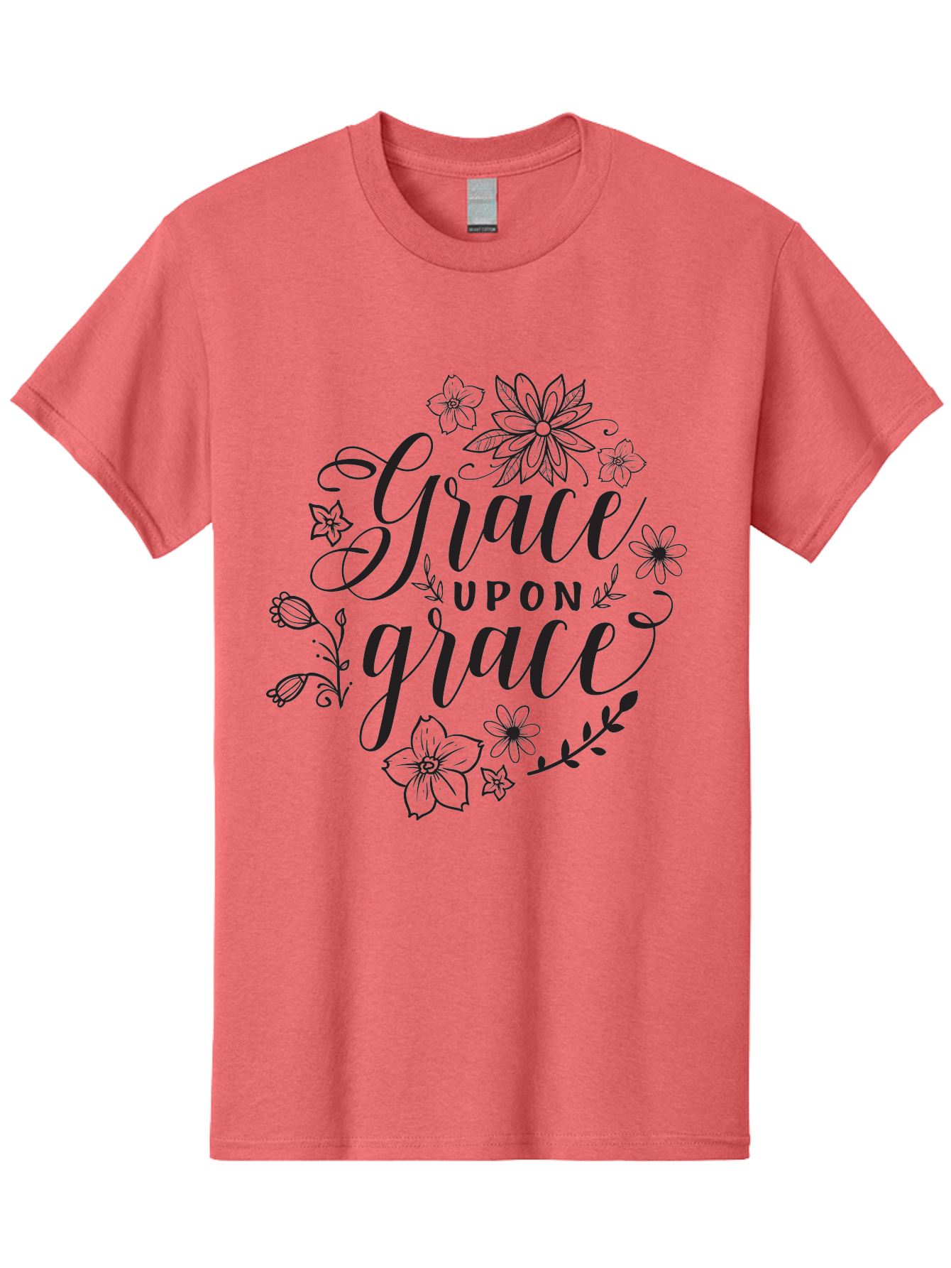 Grace-Upon-Grace Men'S Graphic Tee, 100% Cotton, Comfortable Casual Summer Wear, Machine Washable, Inspirational Quote, Floral Wreath, Black Typography, Divine Love, Spiritual Growth, Faith-Based, Motivational Words, Elegant Design, Aac774