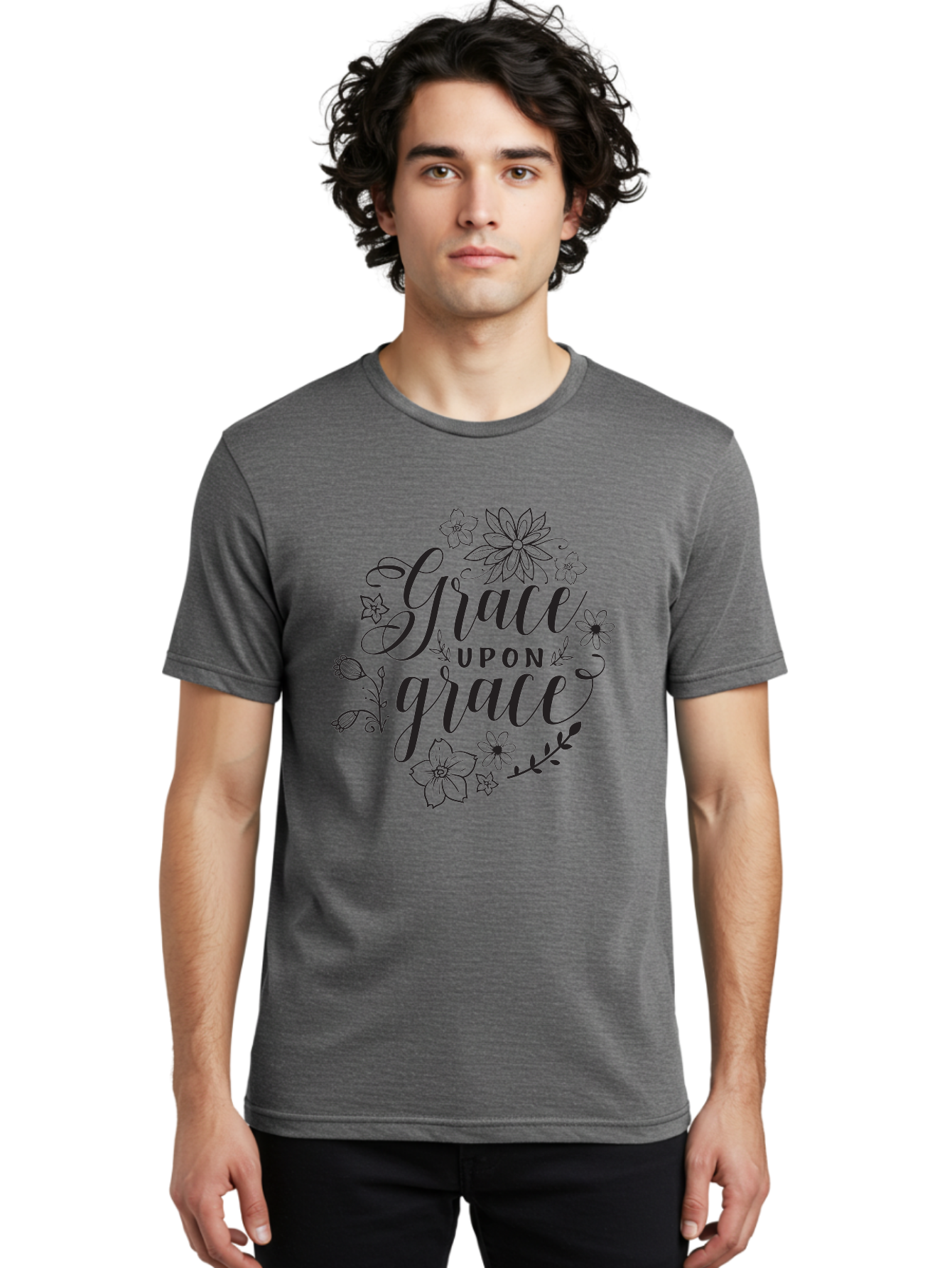 Grace-Upon-Grace Men'S Graphic Tee, 100% Cotton, Comfortable Casual Summer Wear, Machine Washable, Inspirational Quote, Floral Wreath, Black Typography, Divine Love, Spiritual Growth, Faith-Based, Motivational Words, Elegant Design, Aac774