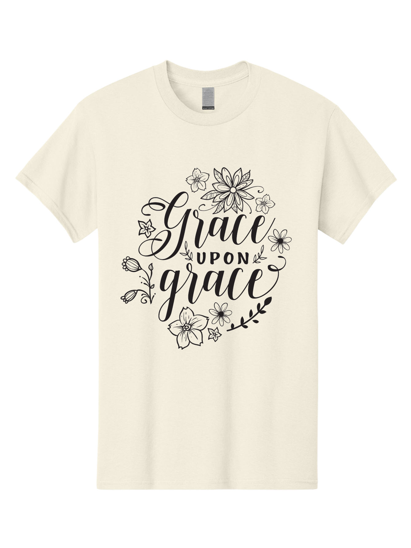 Grace-Upon-Grace Men'S Graphic Tee, 100% Cotton, Comfortable Casual Summer Wear, Machine Washable, Inspirational Quote, Floral Wreath, Black Typography, Divine Love, Spiritual Growth, Faith-Based, Motivational Words, Elegant Design, Aac774