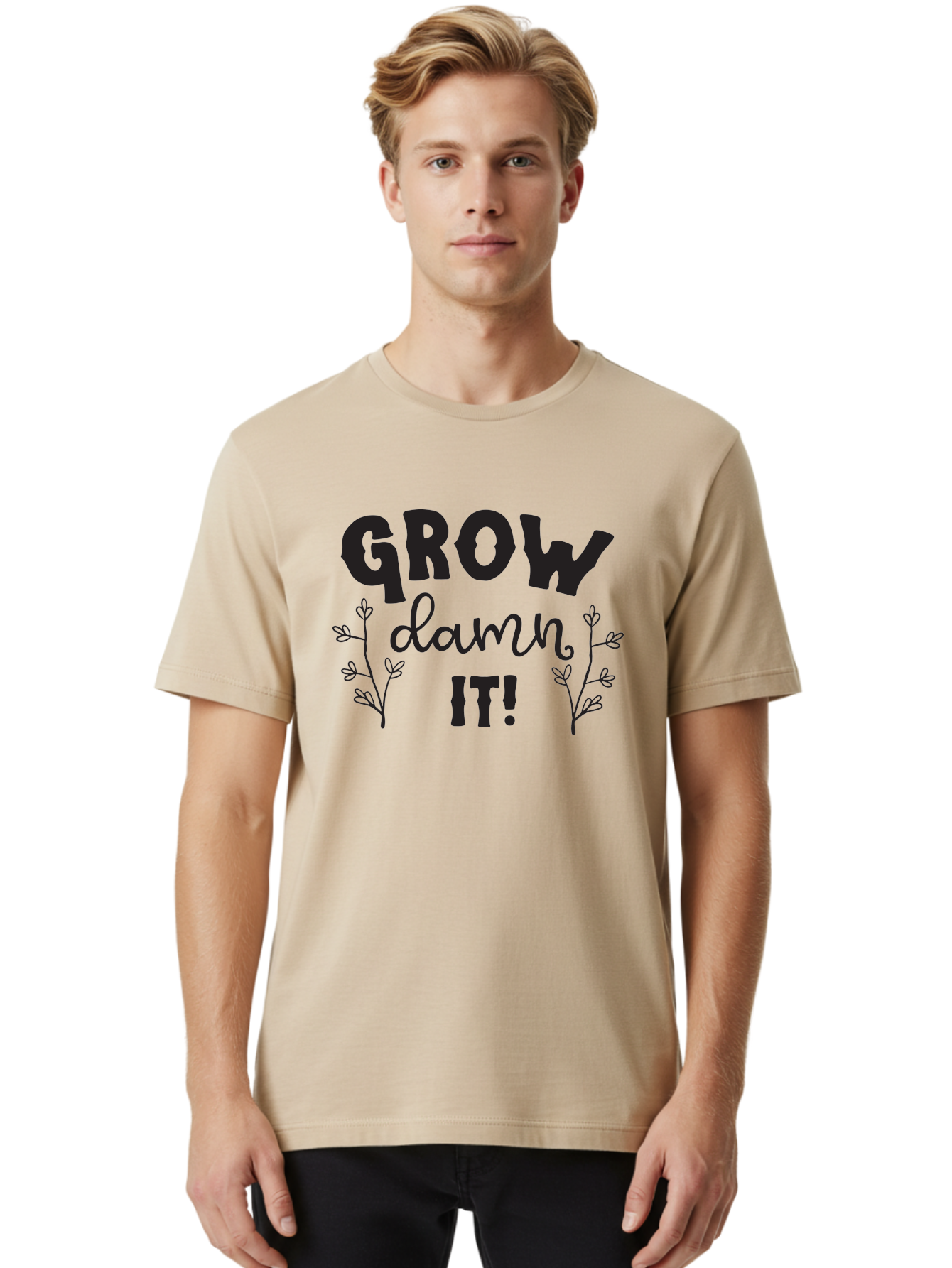 Grow-Damn-It Men'S Graphic Tee, 100% Cotton, Comfortable Casual Summer Wear, Machine Washable, Motivational Quote, Plant Growth, Inspiration, Gardening, Positivity, Growth Mindset, Botanical Illustrations, Typography Art Aac781