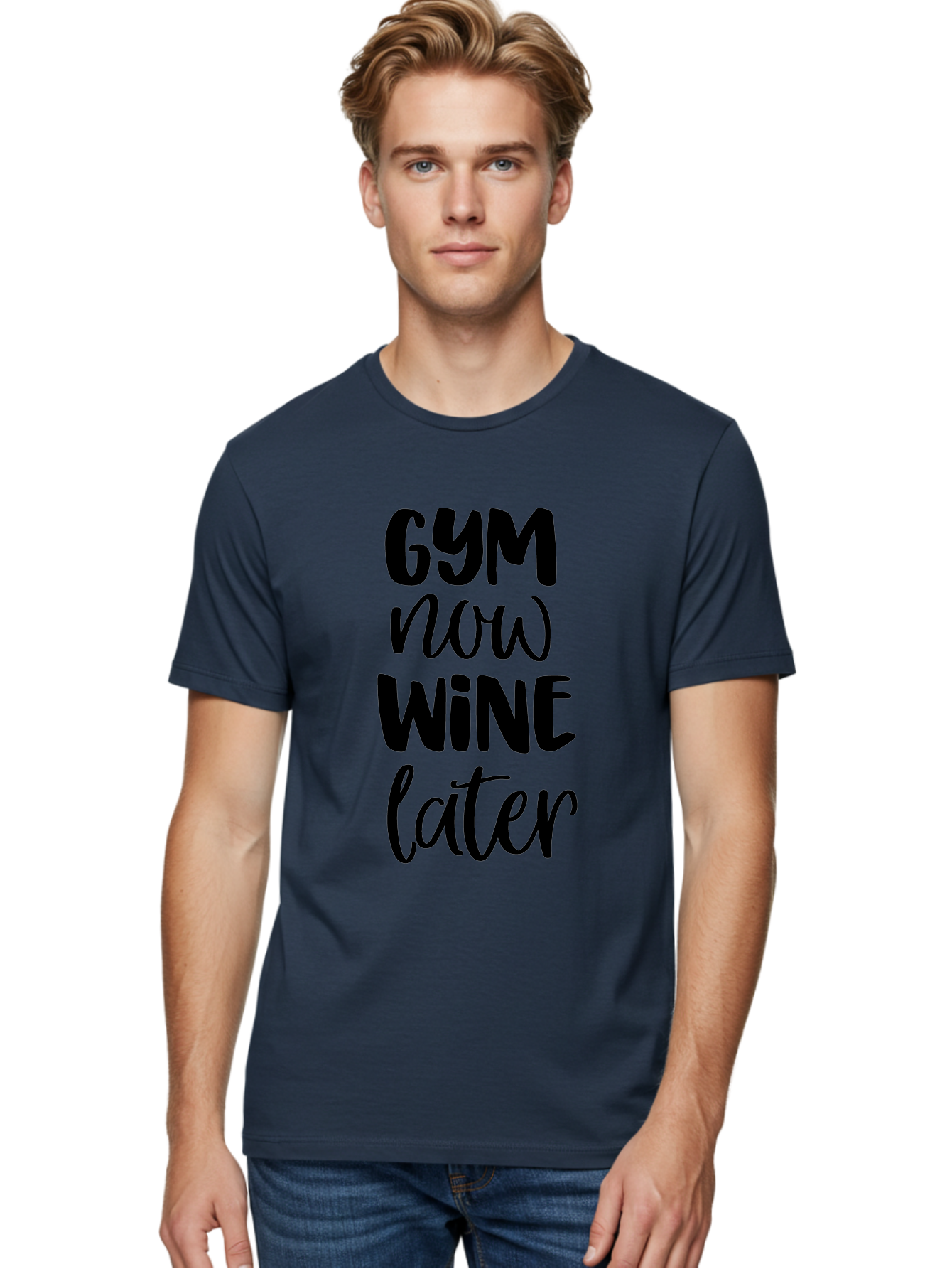 Gym-Now-Wine-Later-1 Men'S Graphic Tee, 100% Cotton, Comfortable Casual Summer Wear, Machine Washable, Gym Motivation, Fitness Quotes, Wine Lover, Fitness Humor, Workout Inspiration, Funny Sayings, Wine Time, Gym Now Wine Later Aac783