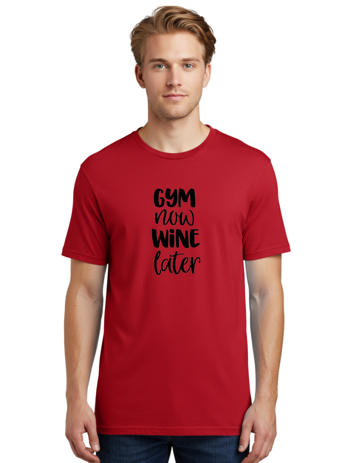 Gym-Now-Wine-Later-1 Men'S Graphic Tee, 100% Cotton, Comfortable Casual Summer Wear, Machine Washable, Gym Motivation, Fitness Quotes, Wine Lover, Fitness Humor, Workout Inspiration, Funny Sayings, Wine Time, Gym Now Wine Later Aac783