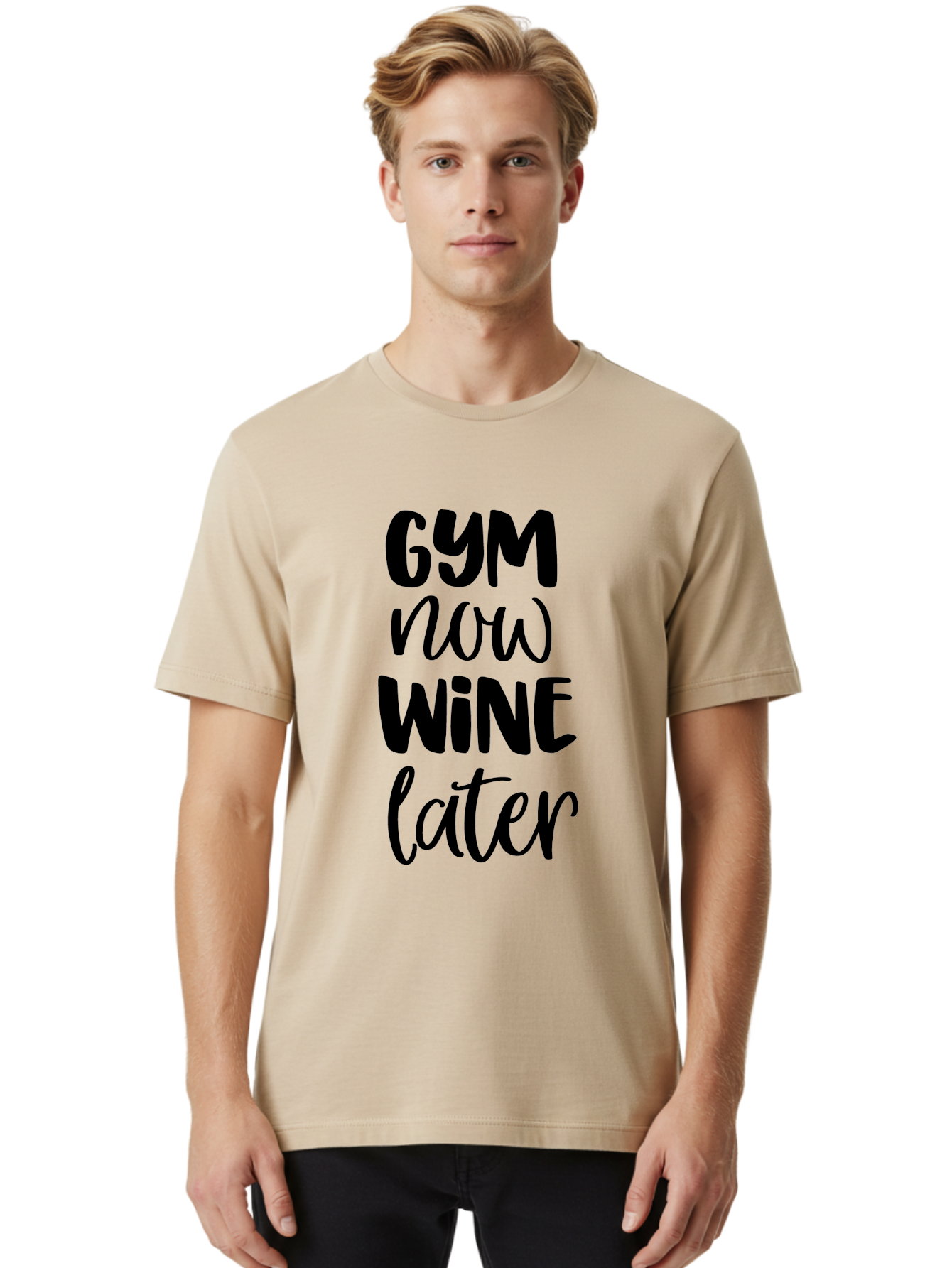 Gym-Now-Wine-Later-1 Men'S Graphic Tee, 100% Cotton, Comfortable Casual Summer Wear, Machine Washable, Gym Motivation, Fitness Quotes, Wine Lover, Fitness Humor, Workout Inspiration, Funny Sayings, Wine Time, Gym Now Wine Later Aac783