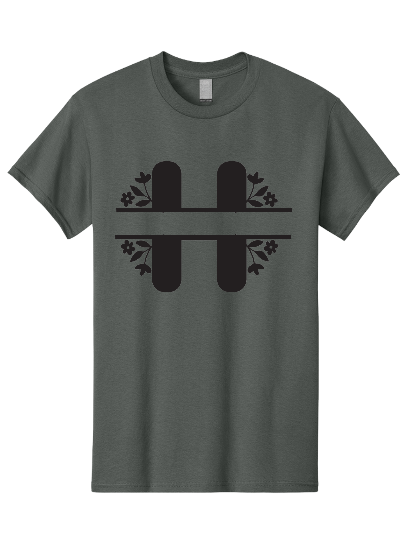 H-Symbol Men'S Graphic Tee, 100% Cotton, Comfortable Casual Summer Wear, Machine Washable, Stylized Letter H, Floral Accents, Decorative Typography, Black And Green Color Scheme, Elegant Font, Leaves And Flowers Aac785