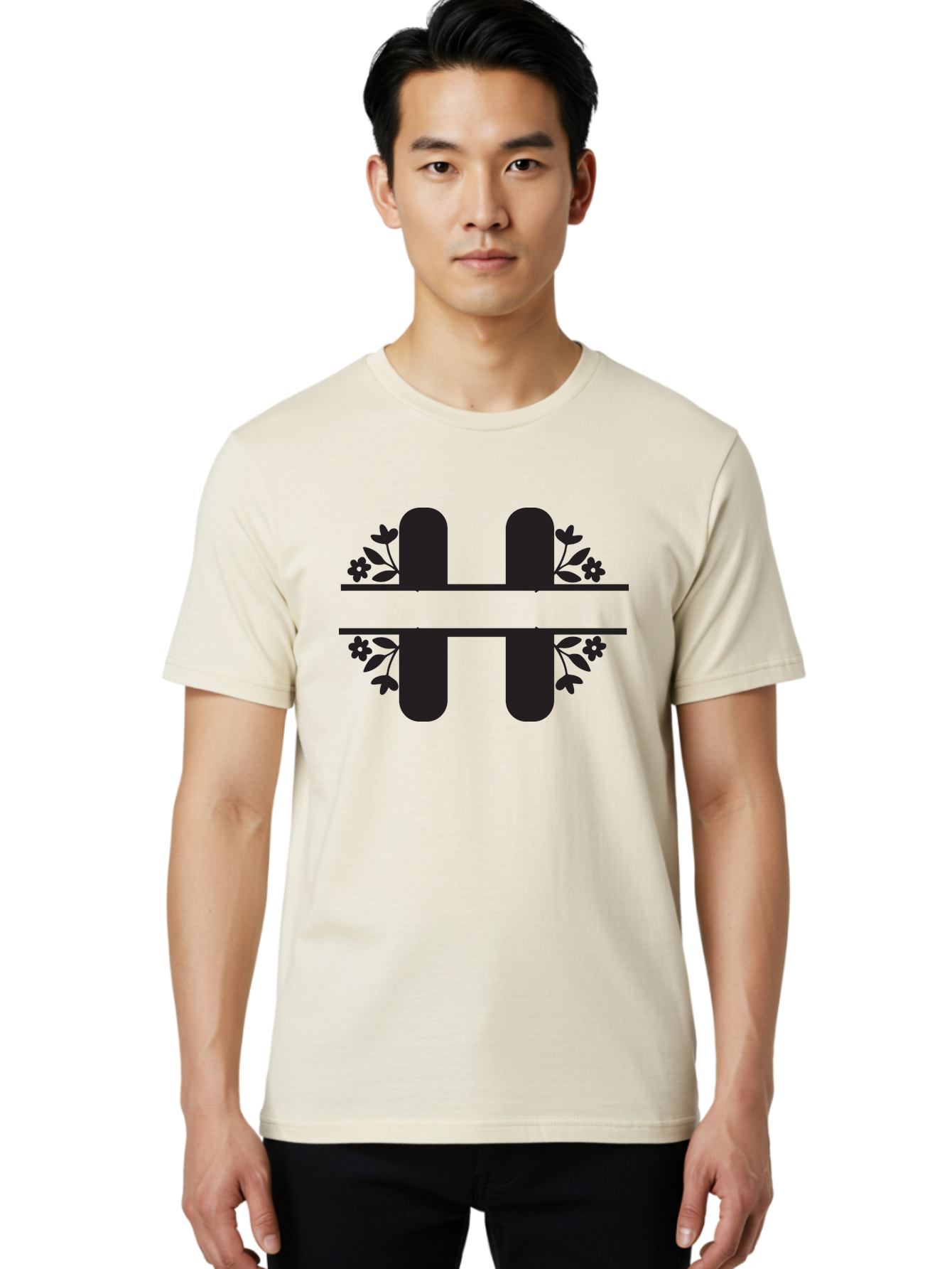 H-Symbol Men'S Graphic Tee, 100% Cotton, Comfortable Casual Summer Wear, Machine Washable, Stylized Letter H, Floral Accents, Decorative Typography, Black And Green Color Scheme, Elegant Font, Leaves And Flowers Aac785