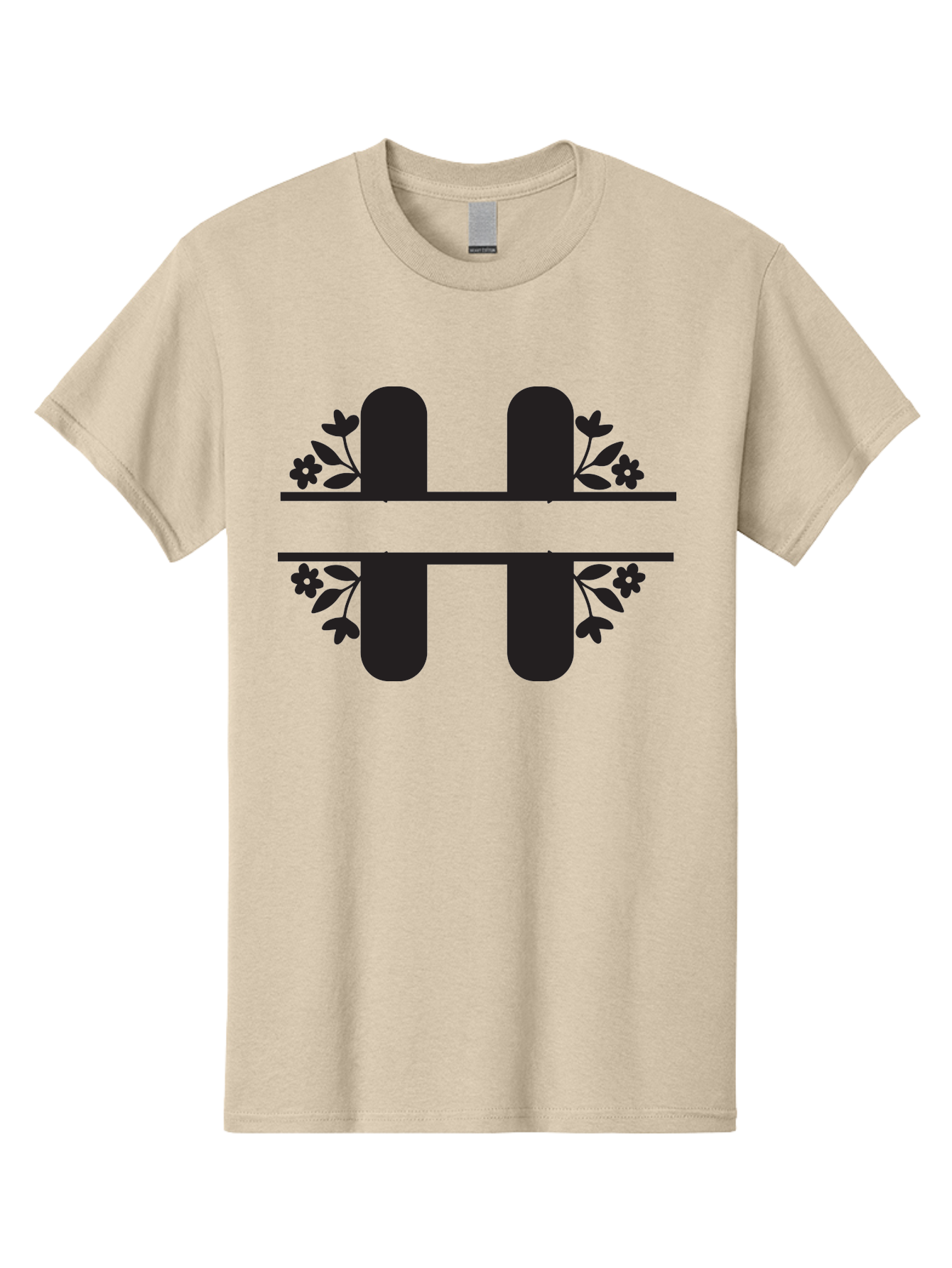 H-Symbol Men'S Graphic Tee, 100% Cotton, Comfortable Casual Summer Wear, Machine Washable, Stylized Letter H, Floral Accents, Decorative Typography, Black And Green Color Scheme, Elegant Font, Leaves And Flowers Aac785