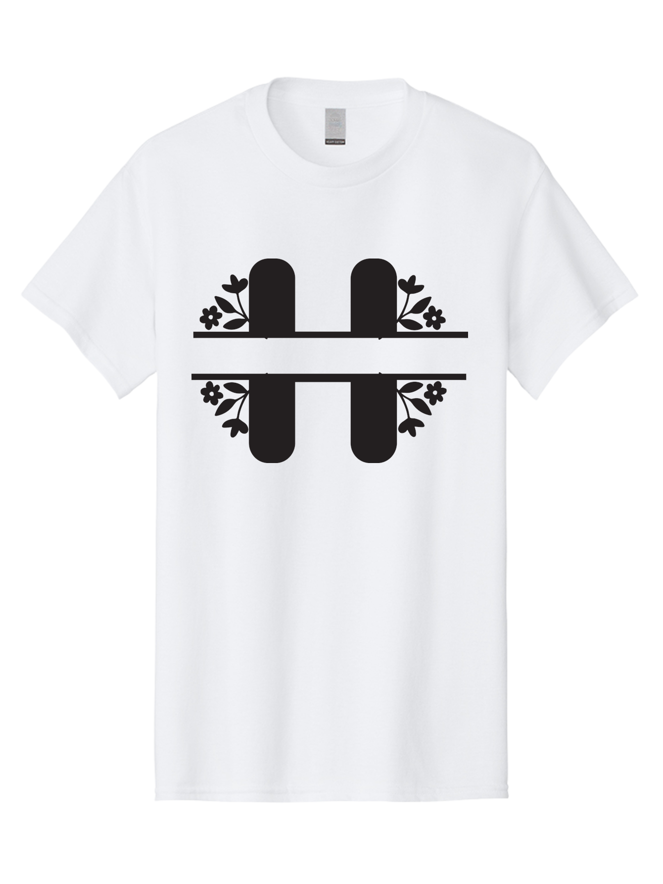 H-Symbol Men'S Graphic Tee, 100% Cotton, Comfortable Casual Summer Wear, Machine Washable, Stylized Letter H, Floral Accents, Decorative Typography, Black And Green Color Scheme, Elegant Font, Leaves And Flowers Aac785