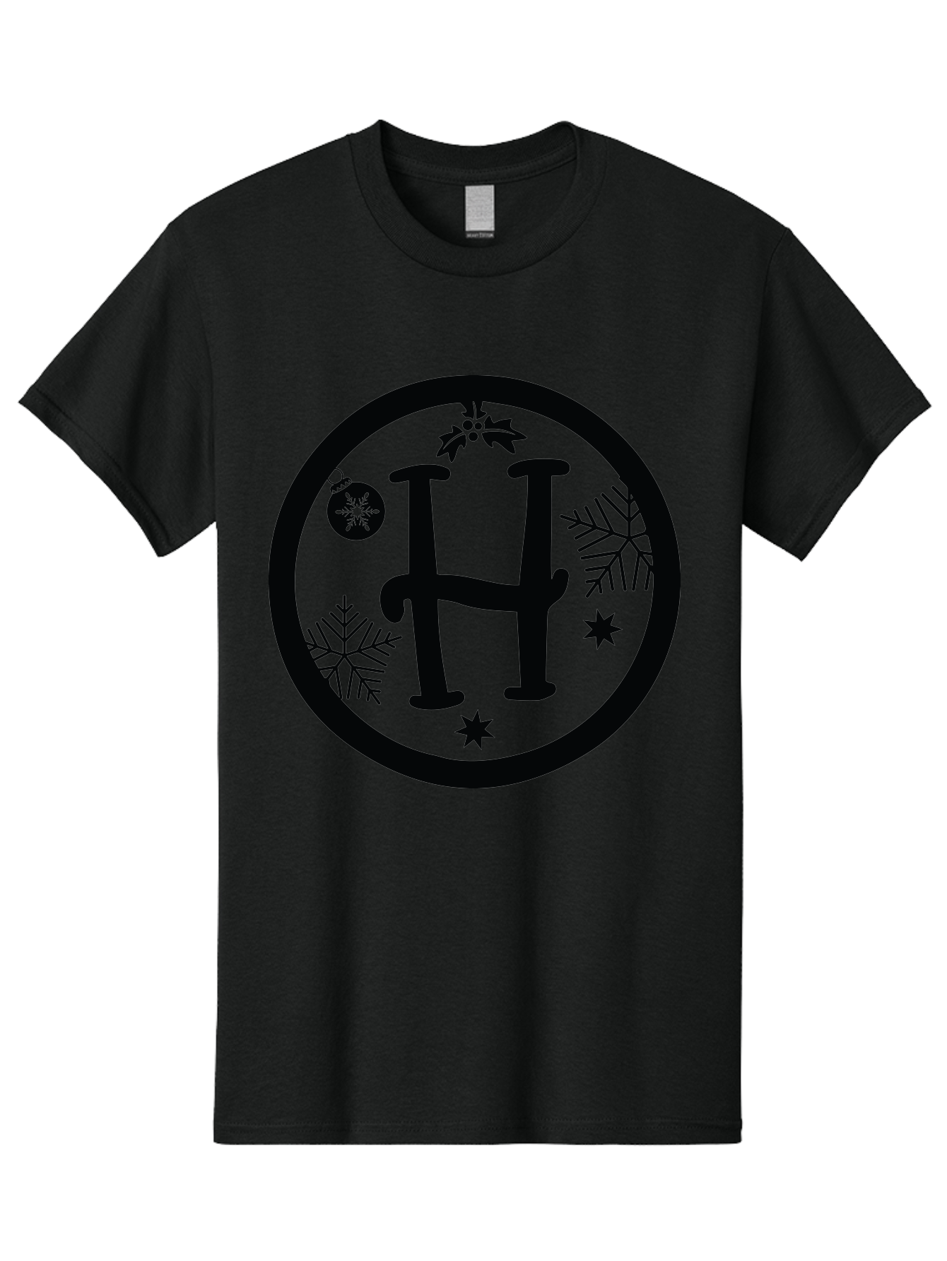 H Men'S Graphic Tee, 100% Cotton, Comfortable Casual Summer Wear, Machine Washable, H Logo, Black Letter, Circular Frame, Snowflakes, Stars, Christmas Ornament, Winter Theme, Festive Design, Holiday Graphics, Decorative Elements Aac786