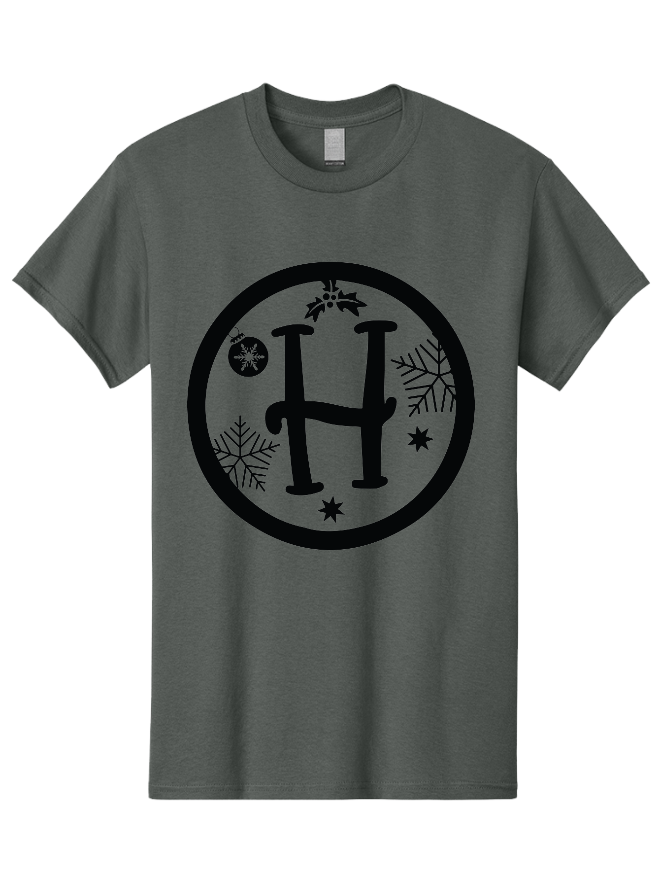 H Men'S Graphic Tee, 100% Cotton, Comfortable Casual Summer Wear, Machine Washable, H Logo, Black Letter, Circular Frame, Snowflakes, Stars, Christmas Ornament, Winter Theme, Festive Design, Holiday Graphics, Decorative Elements Aac786