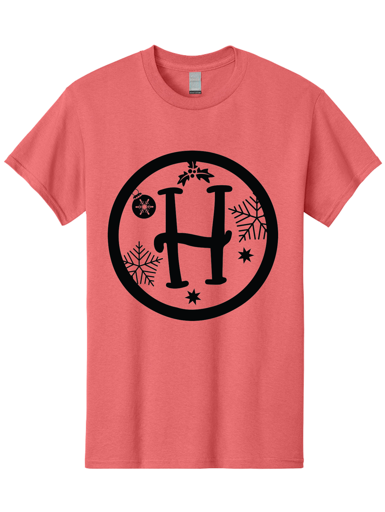 H Men'S Graphic Tee, 100% Cotton, Comfortable Casual Summer Wear, Machine Washable, H Logo, Black Letter, Circular Frame, Snowflakes, Stars, Christmas Ornament, Winter Theme, Festive Design, Holiday Graphics, Decorative Elements Aac786