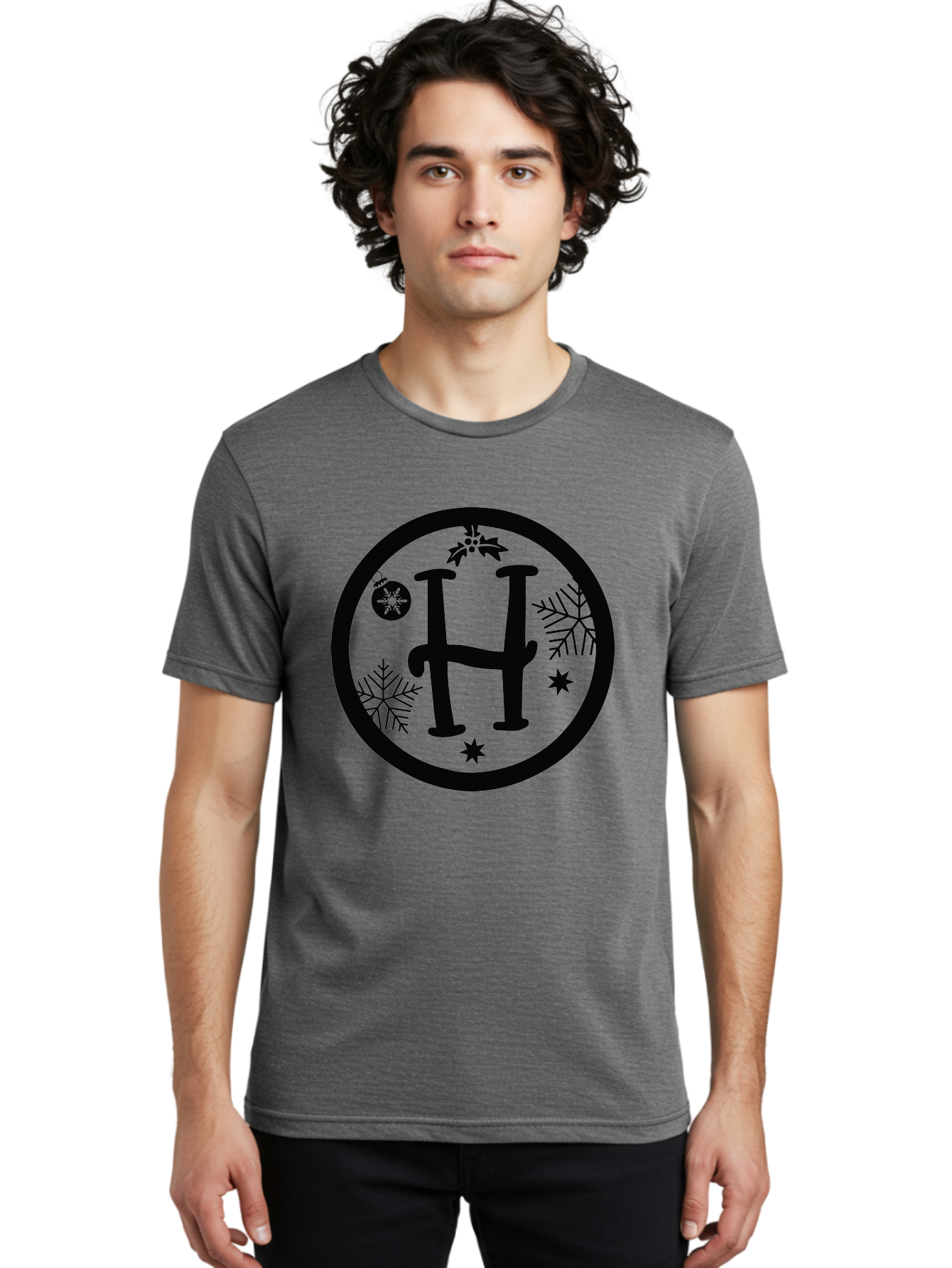 H Men'S Graphic Tee, 100% Cotton, Comfortable Casual Summer Wear, Machine Washable, H Logo, Black Letter, Circular Frame, Snowflakes, Stars, Christmas Ornament, Winter Theme, Festive Design, Holiday Graphics, Decorative Elements Aac786