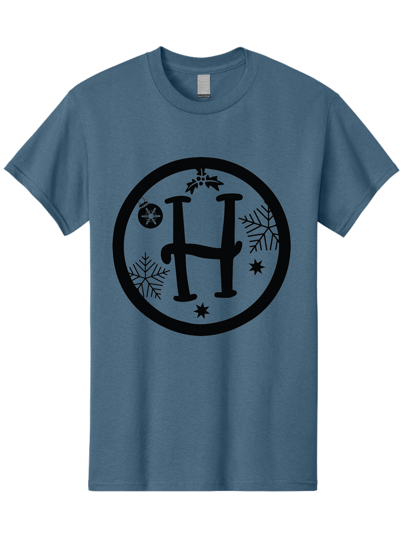 H Men'S Graphic Tee, 100% Cotton, Comfortable Casual Summer Wear, Machine Washable, H Logo, Black Letter, Circular Frame, Snowflakes, Stars, Christmas Ornament, Winter Theme, Festive Design, Holiday Graphics, Decorative Elements Aac786