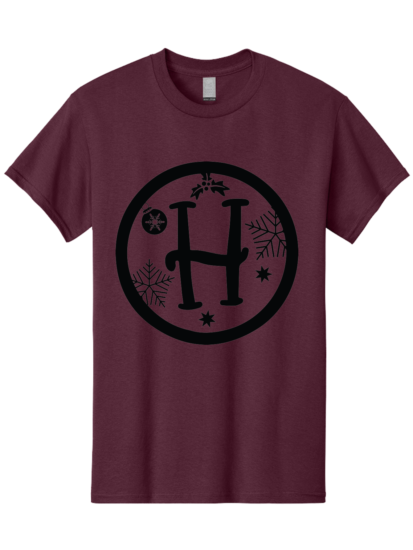H Men'S Graphic Tee, 100% Cotton, Comfortable Casual Summer Wear, Machine Washable, H Logo, Black Letter, Circular Frame, Snowflakes, Stars, Christmas Ornament, Winter Theme, Festive Design, Holiday Graphics, Decorative Elements Aac786