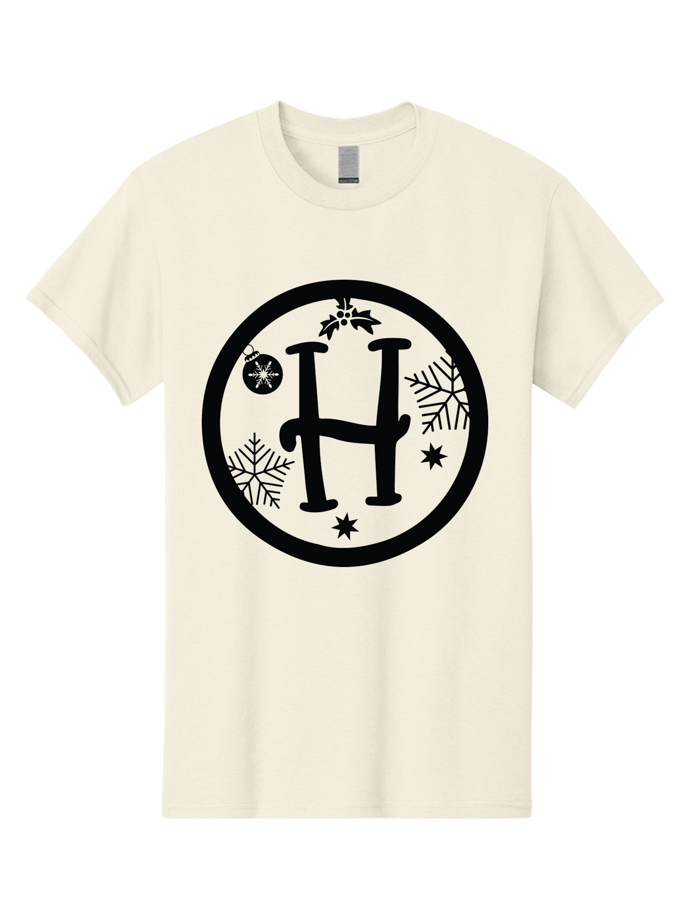 H Men'S Graphic Tee, 100% Cotton, Comfortable Casual Summer Wear, Machine Washable, H Logo, Black Letter, Circular Frame, Snowflakes, Stars, Christmas Ornament, Winter Theme, Festive Design, Holiday Graphics, Decorative Elements Aac786