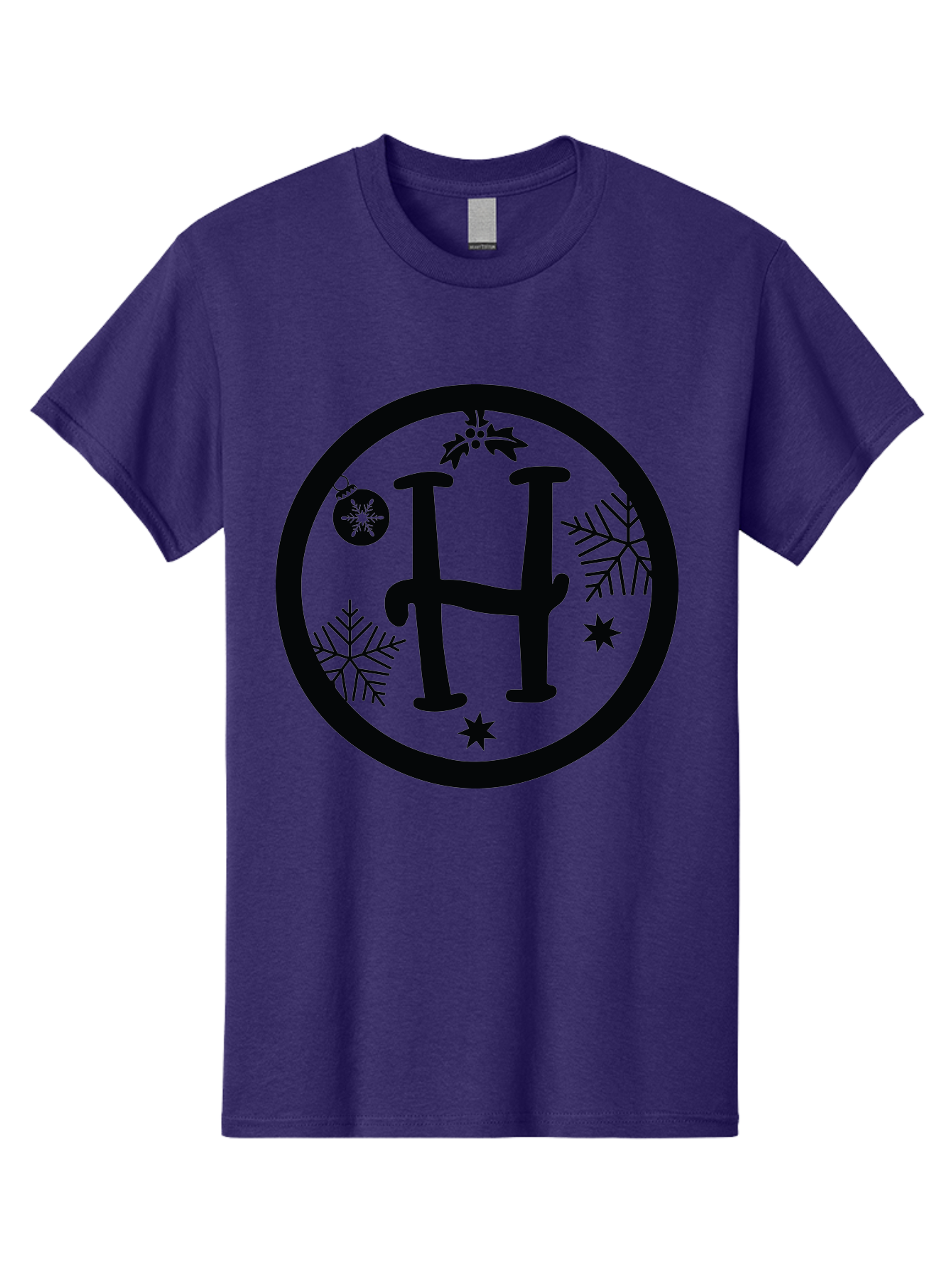 H Men'S Graphic Tee, 100% Cotton, Comfortable Casual Summer Wear, Machine Washable, H Logo, Black Letter, Circular Frame, Snowflakes, Stars, Christmas Ornament, Winter Theme, Festive Design, Holiday Graphics, Decorative Elements Aac786