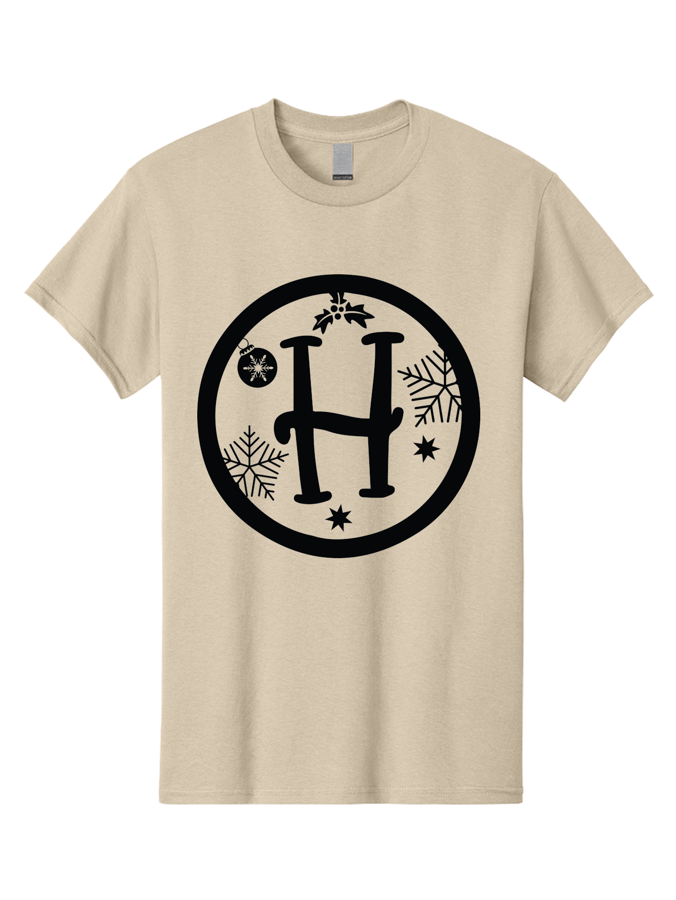 H Men'S Graphic Tee, 100% Cotton, Comfortable Casual Summer Wear, Machine Washable, H Logo, Black Letter, Circular Frame, Snowflakes, Stars, Christmas Ornament, Winter Theme, Festive Design, Holiday Graphics, Decorative Elements Aac786
