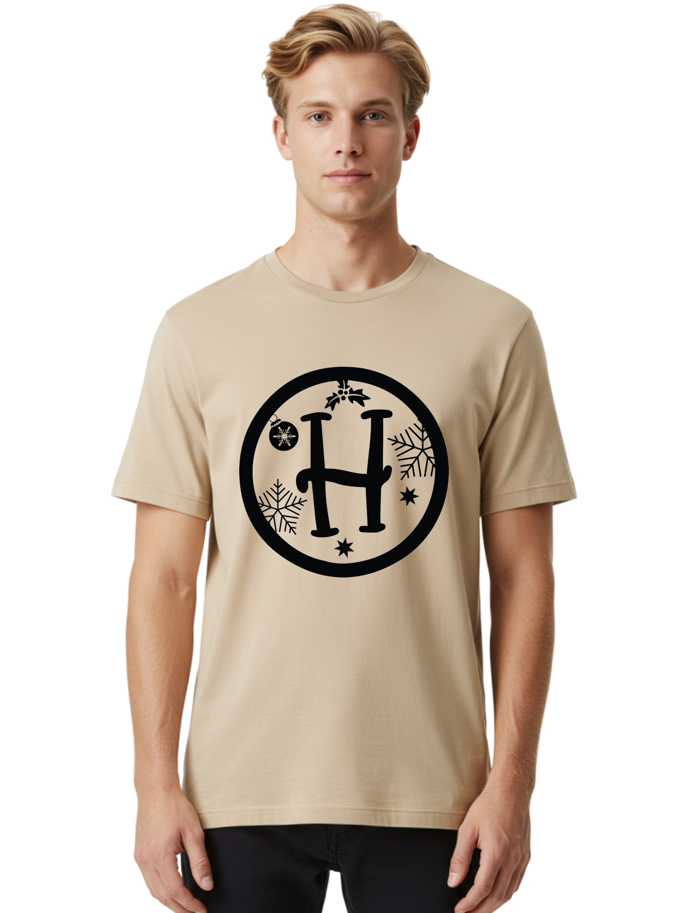 H Men'S Graphic Tee, 100% Cotton, Comfortable Casual Summer Wear, Machine Washable, H Logo, Black Letter, Circular Frame, Snowflakes, Stars, Christmas Ornament, Winter Theme, Festive Design, Holiday Graphics, Decorative Elements Aac786