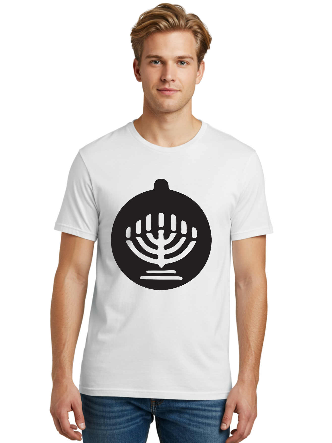 Hamsa-Menorah Men'S Graphic Tee, 100% Cotton, Comfortable Casual Summer Wear, Machine Washable, Hamsa And Menorah Symbol, Jewish Faith And Tradition, Protective Hamsa Hand, Seven-Branched Menorah, Faith And Spirituality, Cultural Heritage Aac789