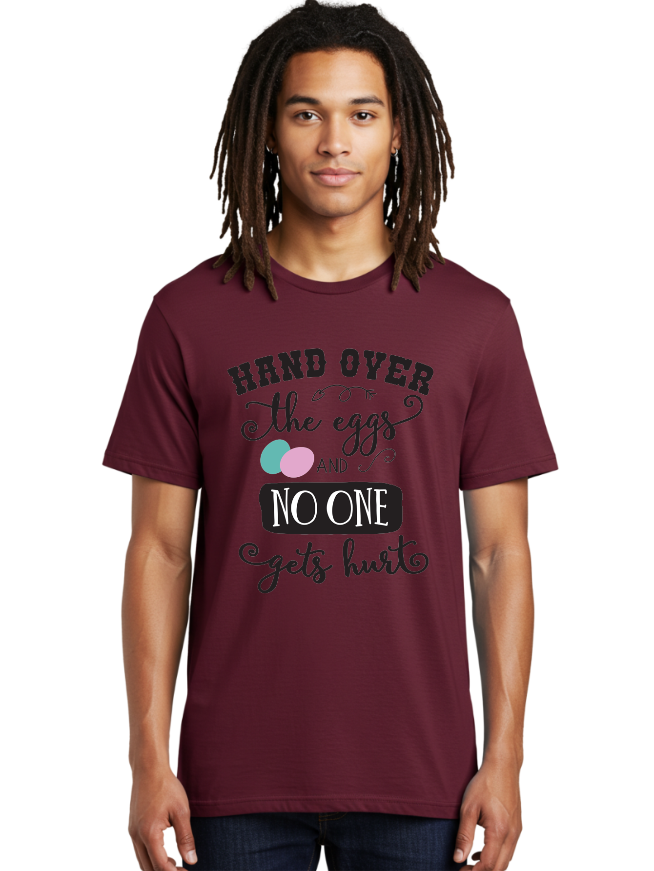 Hand-Over-The-Eggs Men'S Graphic Tee, 100% Cotton, Comfortable Casual Summer Wear, Machine Washable, Humorous Easter Quote, Funny Easter Eggs, Easter Egg Humor, Playful Easter Message, Hand Over The Eggs, No One Gets Hurt Aac790