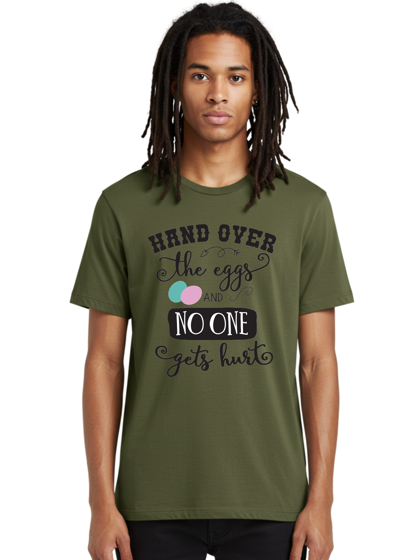 Hand-Over-The-Eggs Men'S Graphic Tee, 100% Cotton, Comfortable Casual Summer Wear, Machine Washable, Humorous Easter Quote, Funny Easter Eggs, Easter Egg Humor, Playful Easter Message, Hand Over The Eggs, No One Gets Hurt Aac790