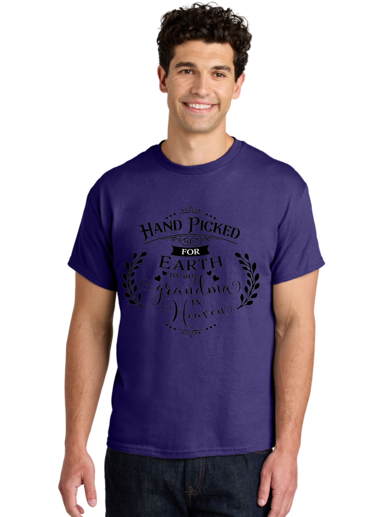 Hand-Picked-For-Earth-By-My-Grandma-In-Heaven Men'S Graphic Tee, 100% Cotton, Comfortable Casual Summer Wear, Machine Washable, Memorial Quote, Tribute To Grandma, Heavenly Love, Family Bond, Inspirational Phrase, Sympathy Gift, Aac791