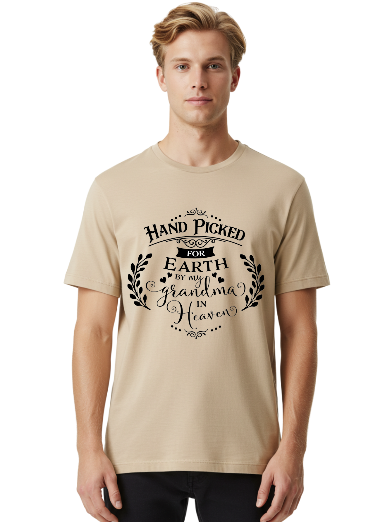 Hand-Picked-For-Earth-By-My-Grandma-In-Heaven Men'S Graphic Tee, 100% Cotton, Comfortable Casual Summer Wear, Machine Washable, Memorial Quote, Tribute To Grandma, Heavenly Love, Family Bond, Inspirational Phrase, Sympathy Gift, Aac791