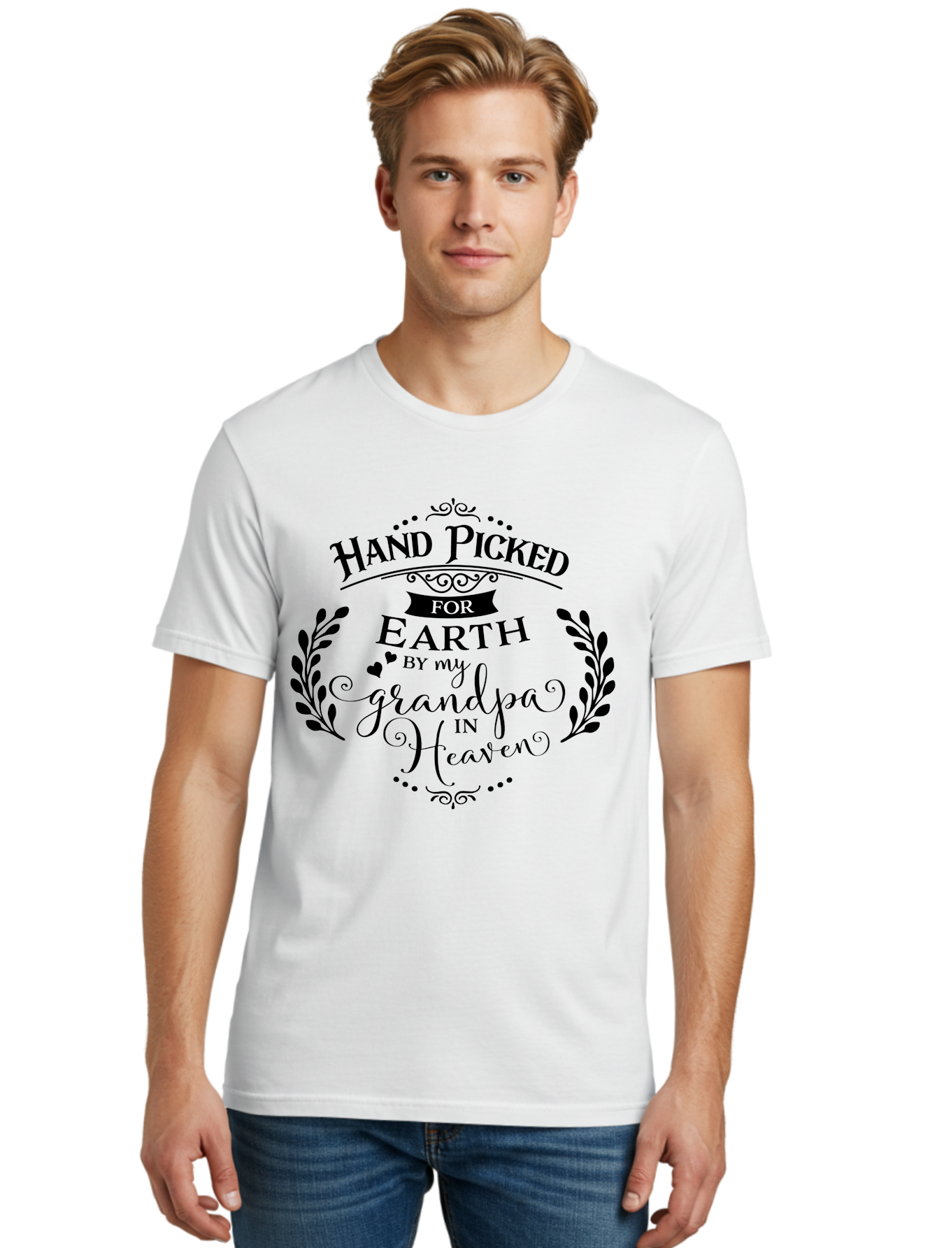 Hand-Picked-For-Earth-By-My-Grandpa-In-Heaven Men'S Graphic Tee, 100% Cotton, Comfortable Casual Summer Wear, Machine Washable, Hand Picked For Earth, Grandpa In Heaven, Heartwarming Quote, Memorial Tribute, Family Love, Inspirational Saying, Aac792