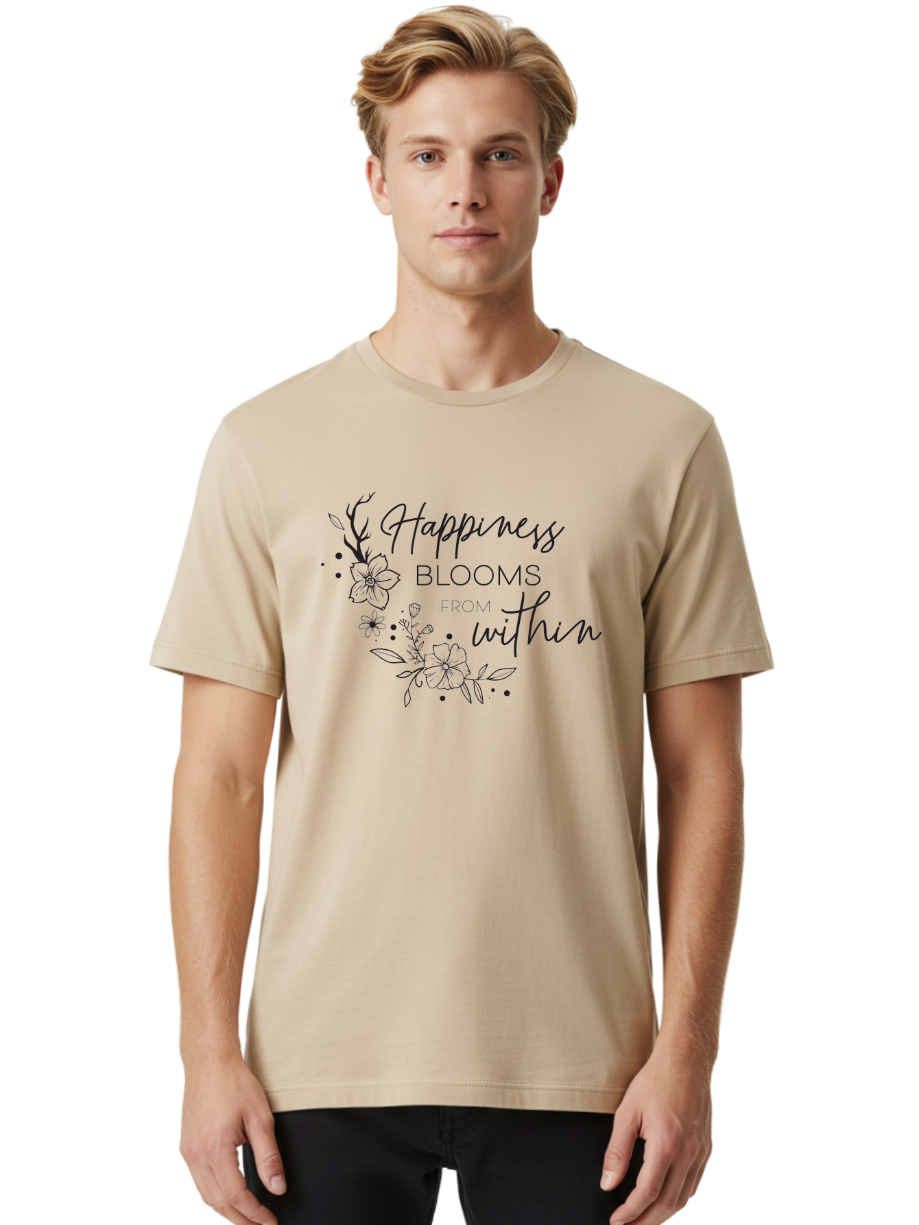 Happiness-Blooms Men'S Graphic Tee, 100% Cotton, Comfortable Casual Summer Wear, Machine Washable, Happiness Blooms, Inner Happiness, Positive Affirmations, Floral Designs, Inspirational Quotes, Motivational Quotes, Floral Illustrations, Aac794