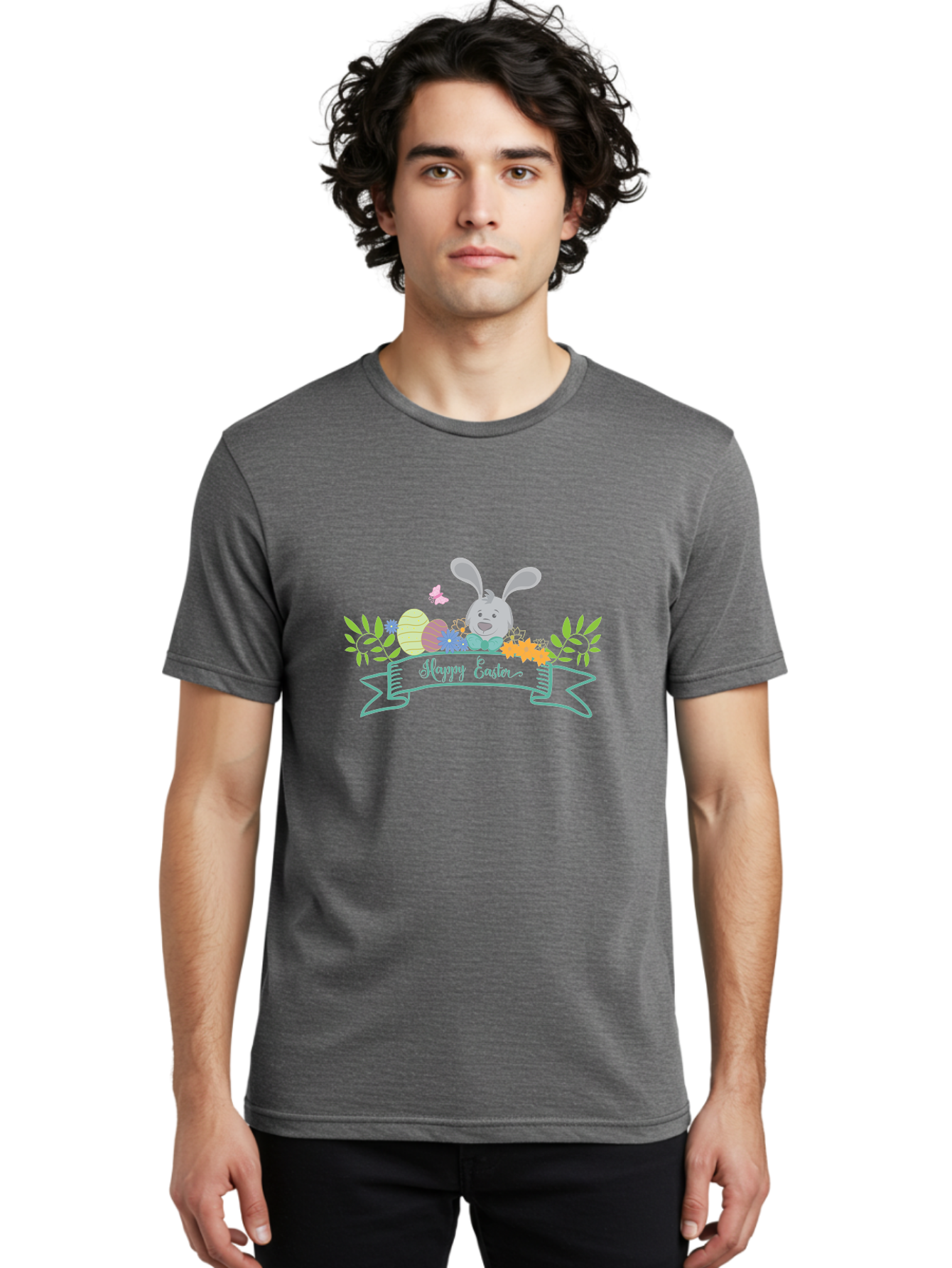 Happy-Easter-1 Men'S Graphic Tee, 100% Cotton, Comfortable Casual Summer Wear, Machine Washable, Easter Bunny, Easter Eggs, Decorated Eggs, Spring Flowers, Festive Atmosphere, Pastel Colors, Cartoon Style, Easter Greeting, Joyful Celebration, Aac795