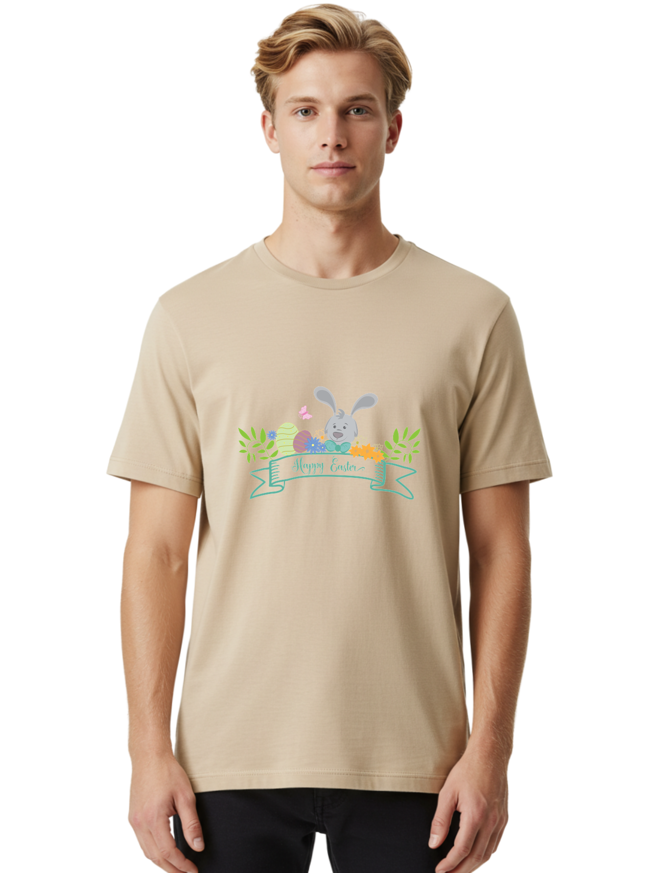 Happy-Easter-1 Men'S Graphic Tee, 100% Cotton, Comfortable Casual Summer Wear, Machine Washable, Easter Bunny, Easter Eggs, Decorated Eggs, Spring Flowers, Festive Atmosphere, Pastel Colors, Cartoon Style, Easter Greeting, Joyful Celebration, Aac795