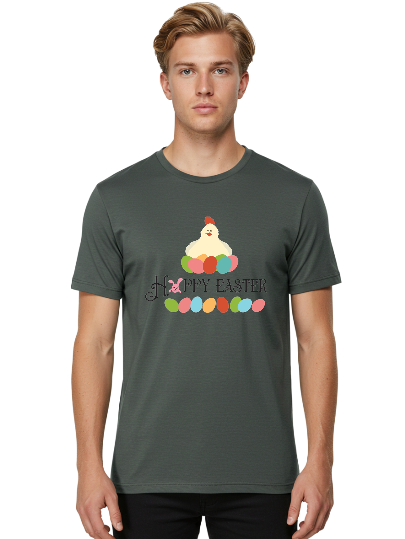 Happy-Easter Men'S Graphic Tee, 100% Cotton, Comfortable Casual Summer Wear, Machine Washable, Easter Eggs, Happy Easter, Easter Bunny, Easter Egg Hunt, Easter Celebration, Colorful Eggs, Spring Season, Chickens And Eggs Aac796