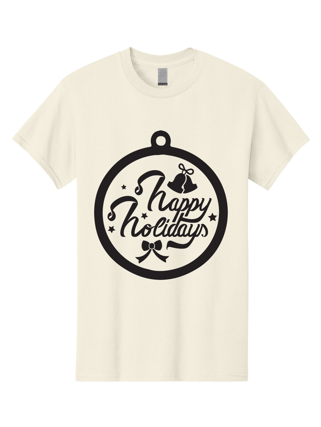 Happy-Holidays Men'S Graphic Tee, 100% Cotton, Comfortable Casual Summer Wear, Machine Washable, Happy Holidays, Christmas Ornament, Holiday Greeting, Festive Decoration, Black Silhouette, Bells And Bow, Stars, Holiday Cheer, Christmas Gift, Aac798