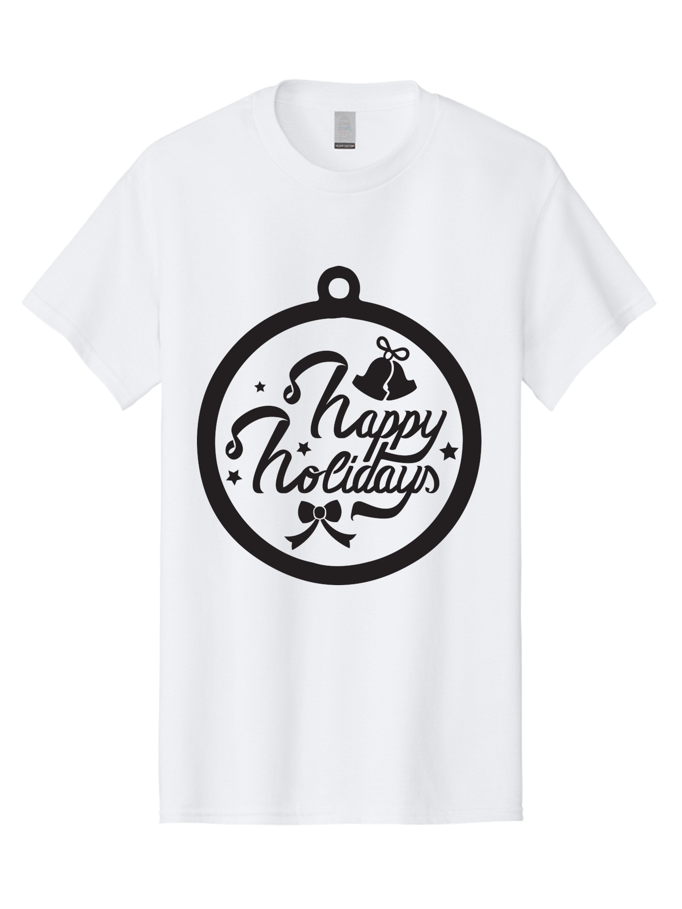 Happy-Holidays Men'S Graphic Tee, 100% Cotton, Comfortable Casual Summer Wear, Machine Washable, Happy Holidays, Christmas Ornament, Holiday Greeting, Festive Decoration, Black Silhouette, Bells And Bow, Stars, Holiday Cheer, Christmas Gift, Aac798