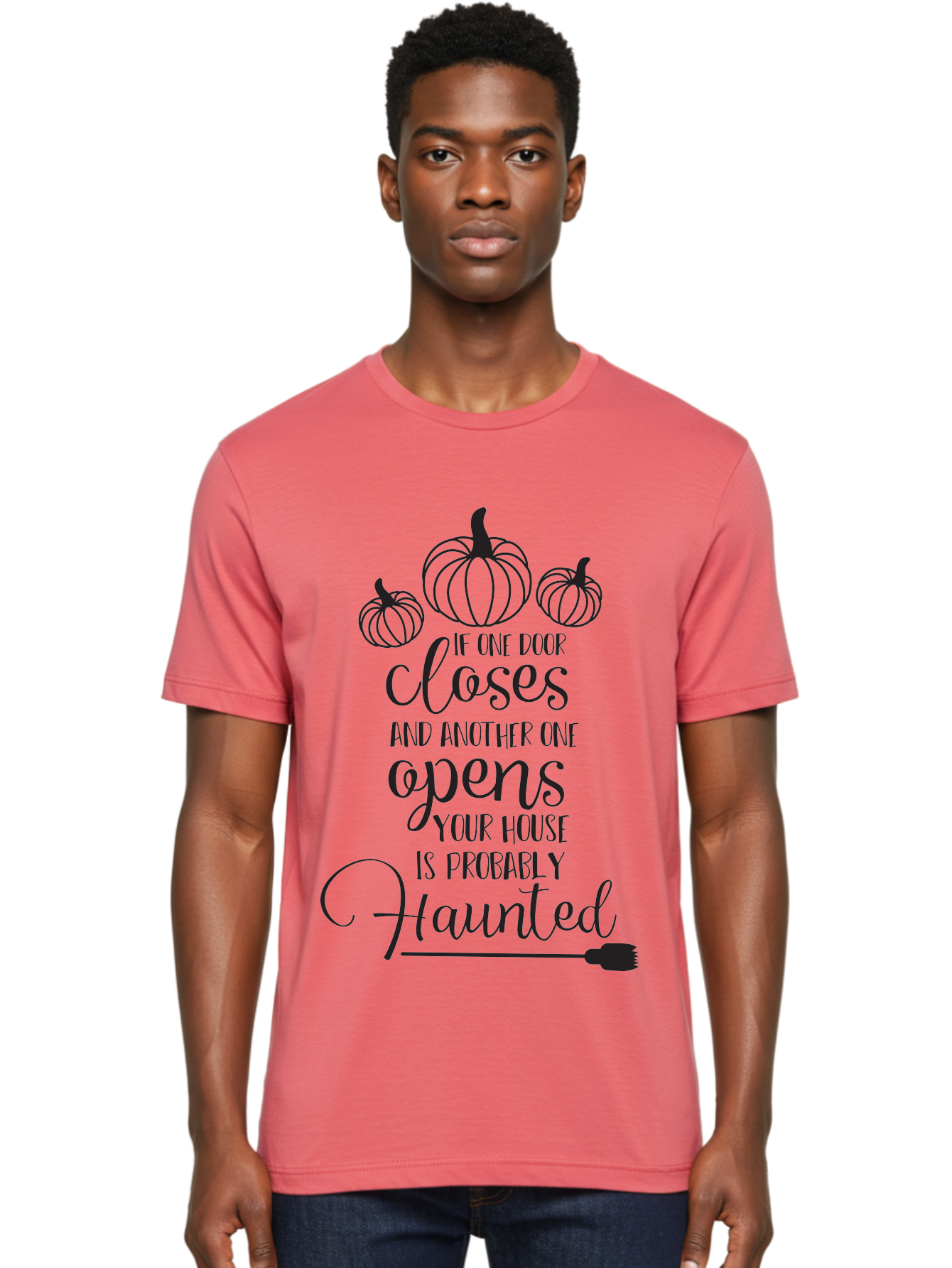 Haunted-House-Quote Men'S Graphic Tee, 100% Cotton, Comfortable Casual Summer Wear, Machine Washable, Halloween Quote, Spooky Sayings, Haunted House, Autumn Decorations, Pumpkin Illustrations, Black Silhouettes, Witch'S Broom, Fall Vibes, Aac799
