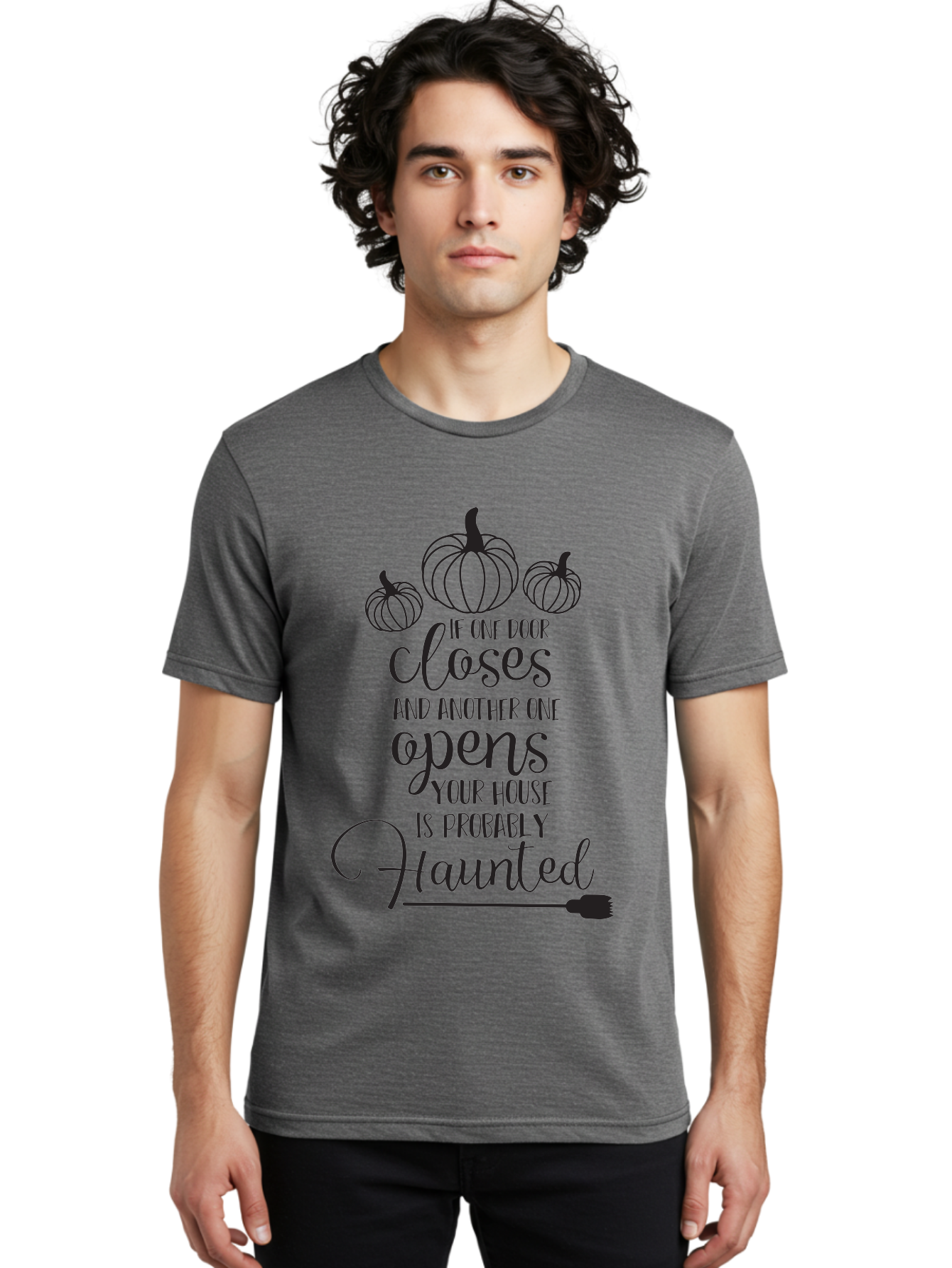 Haunted-House-Quote Men'S Graphic Tee, 100% Cotton, Comfortable Casual Summer Wear, Machine Washable, Halloween Quote, Spooky Sayings, Haunted House, Autumn Decorations, Pumpkin Illustrations, Black Silhouettes, Witch'S Broom, Fall Vibes, Aac799