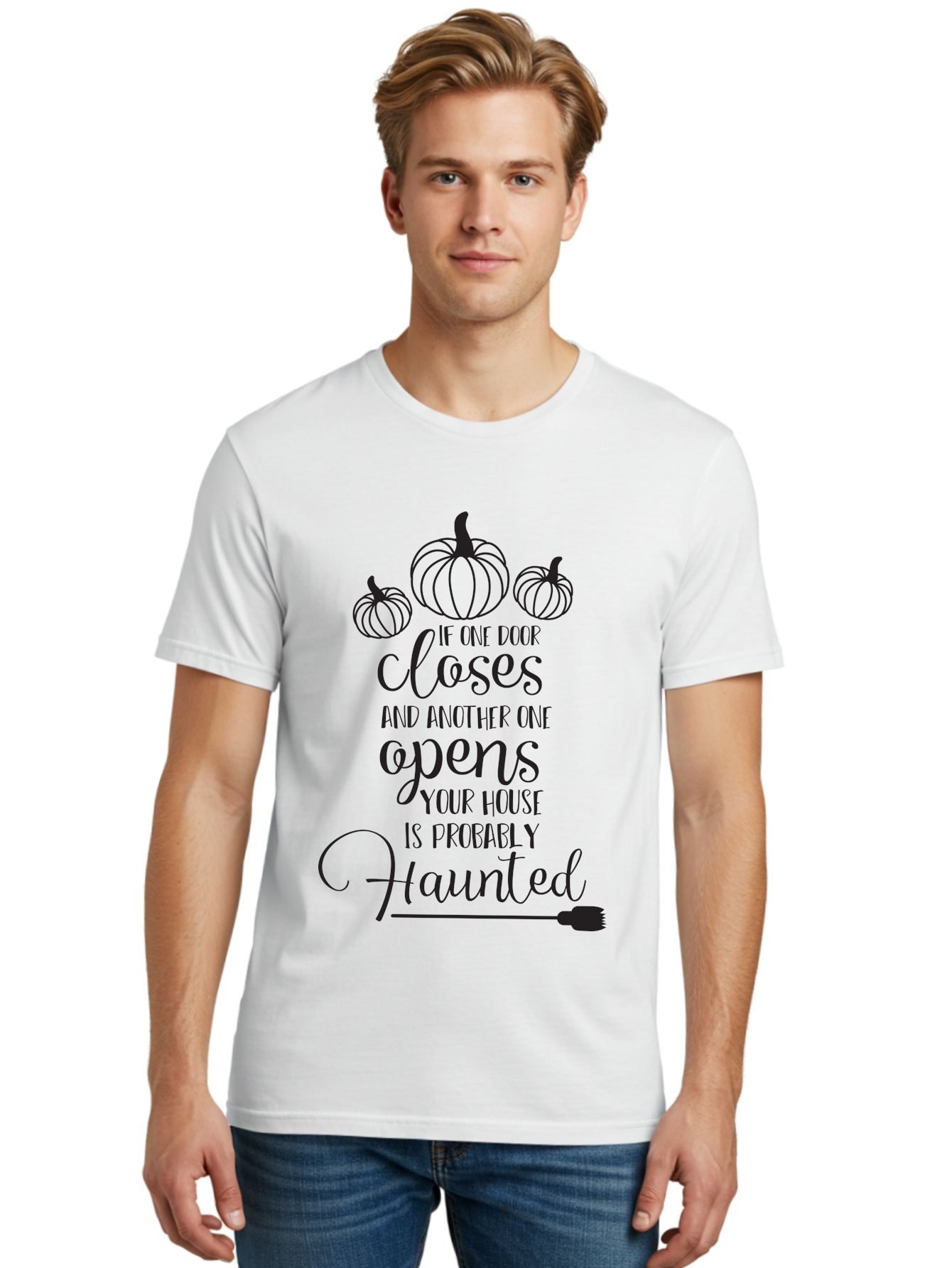 Haunted-House-Quote Men'S Graphic Tee, 100% Cotton, Comfortable Casual Summer Wear, Machine Washable, Halloween Quote, Spooky Sayings, Haunted House, Autumn Decorations, Pumpkin Illustrations, Black Silhouettes, Witch'S Broom, Fall Vibes, Aac799