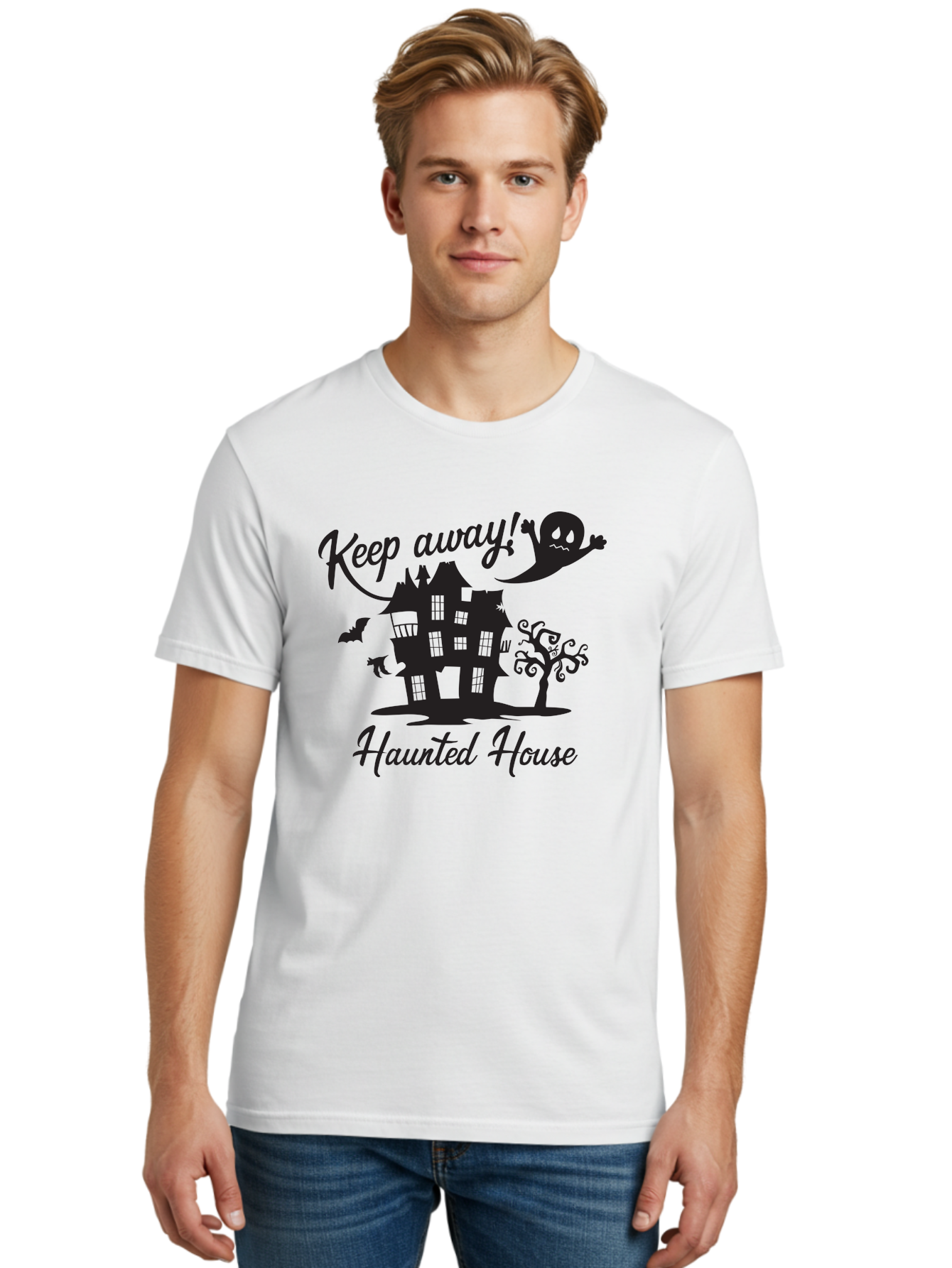 Haunted-House Men'S Graphic Tee, 100% Cotton, Comfortable Casual Summer Wear, Machine Washable, Spooky Haunted House, Ghostly Apparitions, Haunted Mansion, Creepy Atmosphere, Scary Halloween Decorations, Bats, Ghost, Keep Away, Haunted House, Aac800