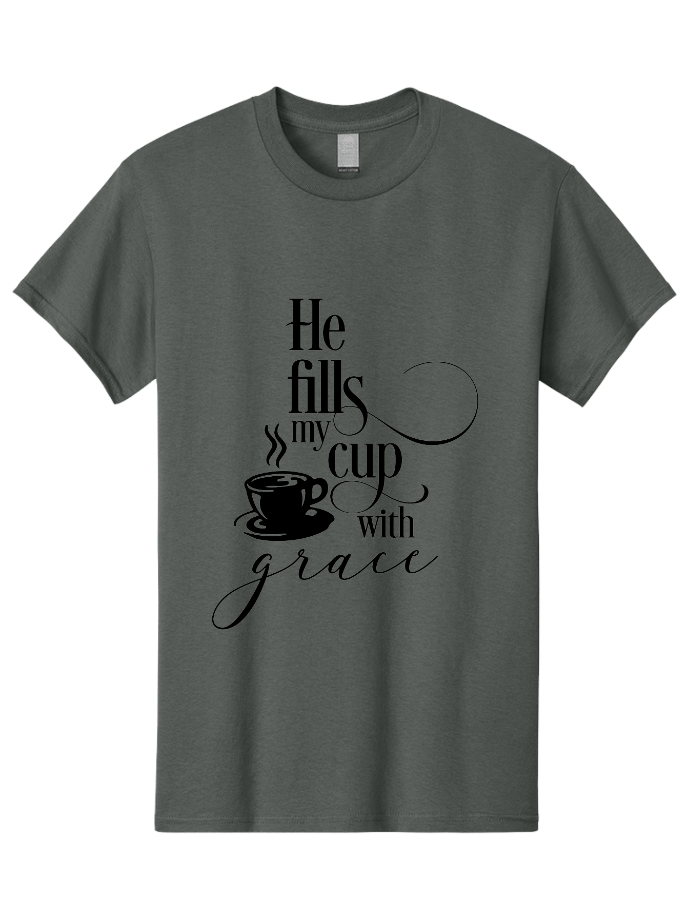 He-Fills-My-Cup-With-Grace Men'S Graphic Tee, 100% Cotton, Comfortable Casual Summer Wear, Machine Washable, Inspirational Quote, Coffee Cup, Steaming Hot, Morning Motivation, Faith-Based Design, Coffee Break, Motivational Words, Aac802