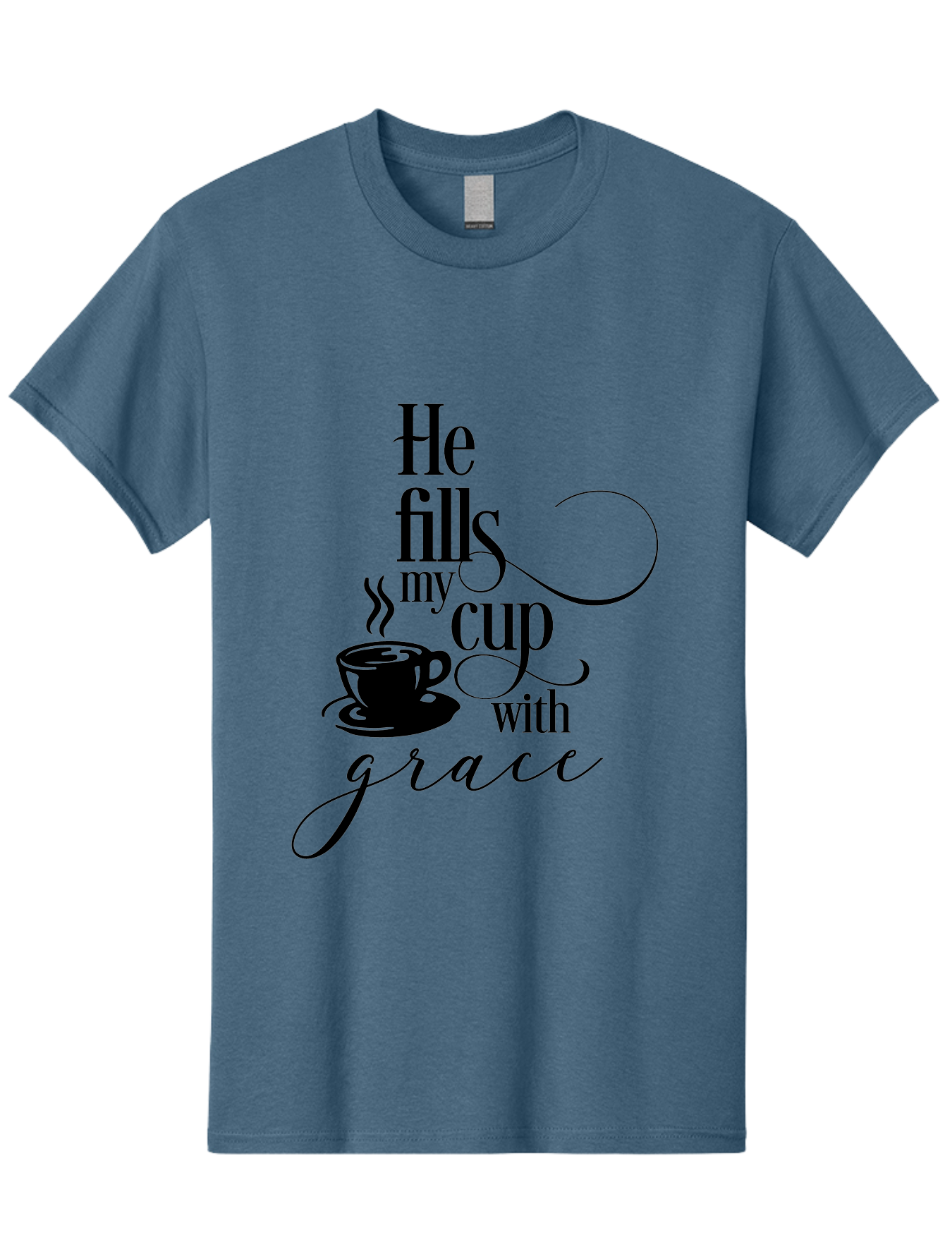 He-Fills-My-Cup-With-Grace Men'S Graphic Tee, 100% Cotton, Comfortable Casual Summer Wear, Machine Washable, Inspirational Quote, Coffee Cup, Steaming Hot, Morning Motivation, Faith-Based Design, Coffee Break, Motivational Words, Aac802