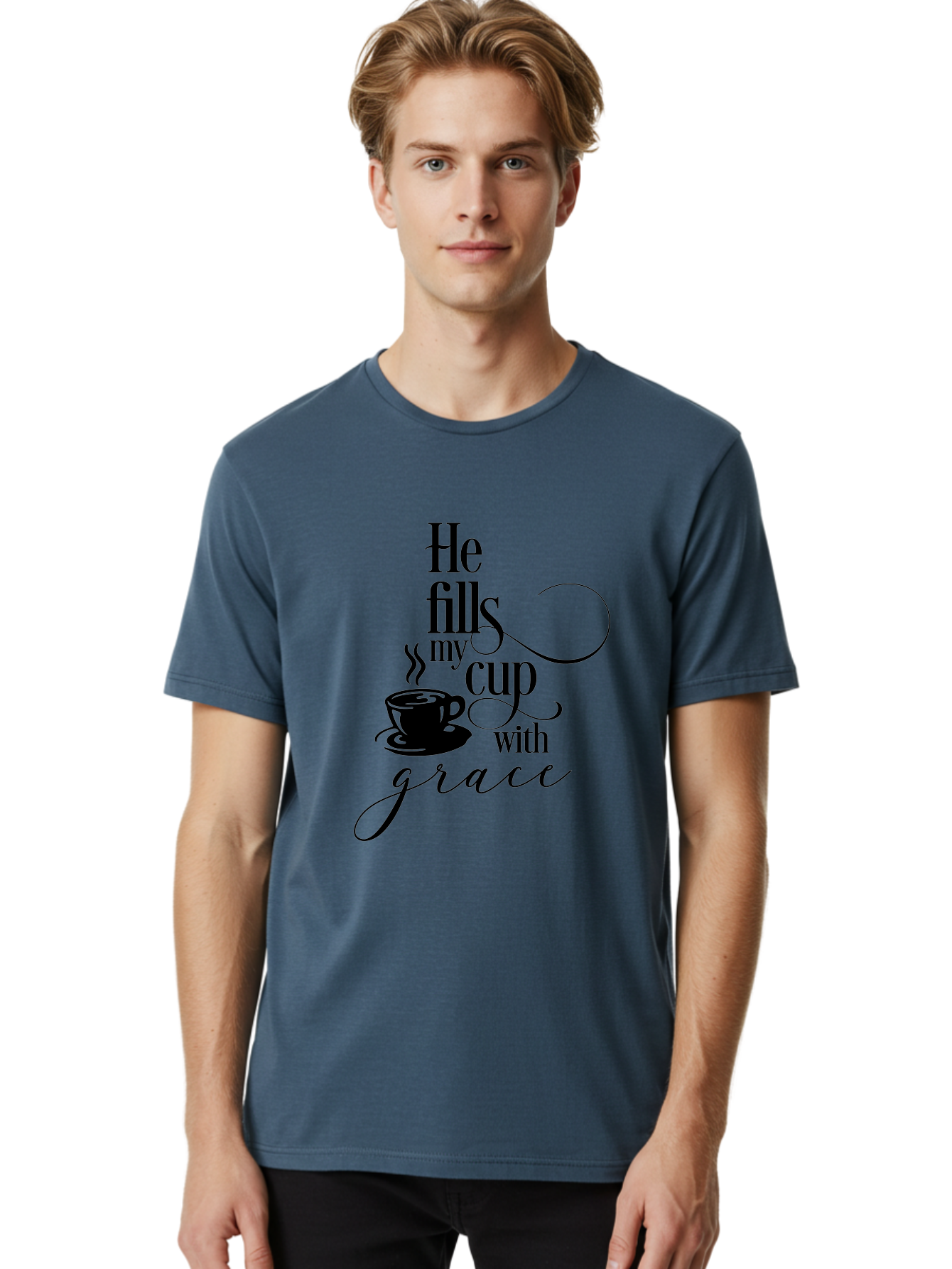He-Fills-My-Cup-With-Grace Men'S Graphic Tee, 100% Cotton, Comfortable Casual Summer Wear, Machine Washable, Inspirational Quote, Coffee Cup, Steaming Hot, Morning Motivation, Faith-Based Design, Coffee Break, Motivational Words, Aac802