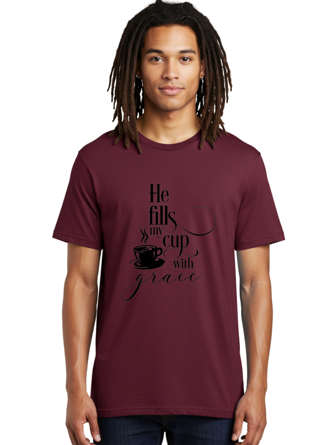 He-Fills-My-Cup-With-Grace Men'S Graphic Tee, 100% Cotton, Comfortable Casual Summer Wear, Machine Washable, Inspirational Quote, Coffee Cup, Steaming Hot, Morning Motivation, Faith-Based Design, Coffee Break, Motivational Words, Aac802