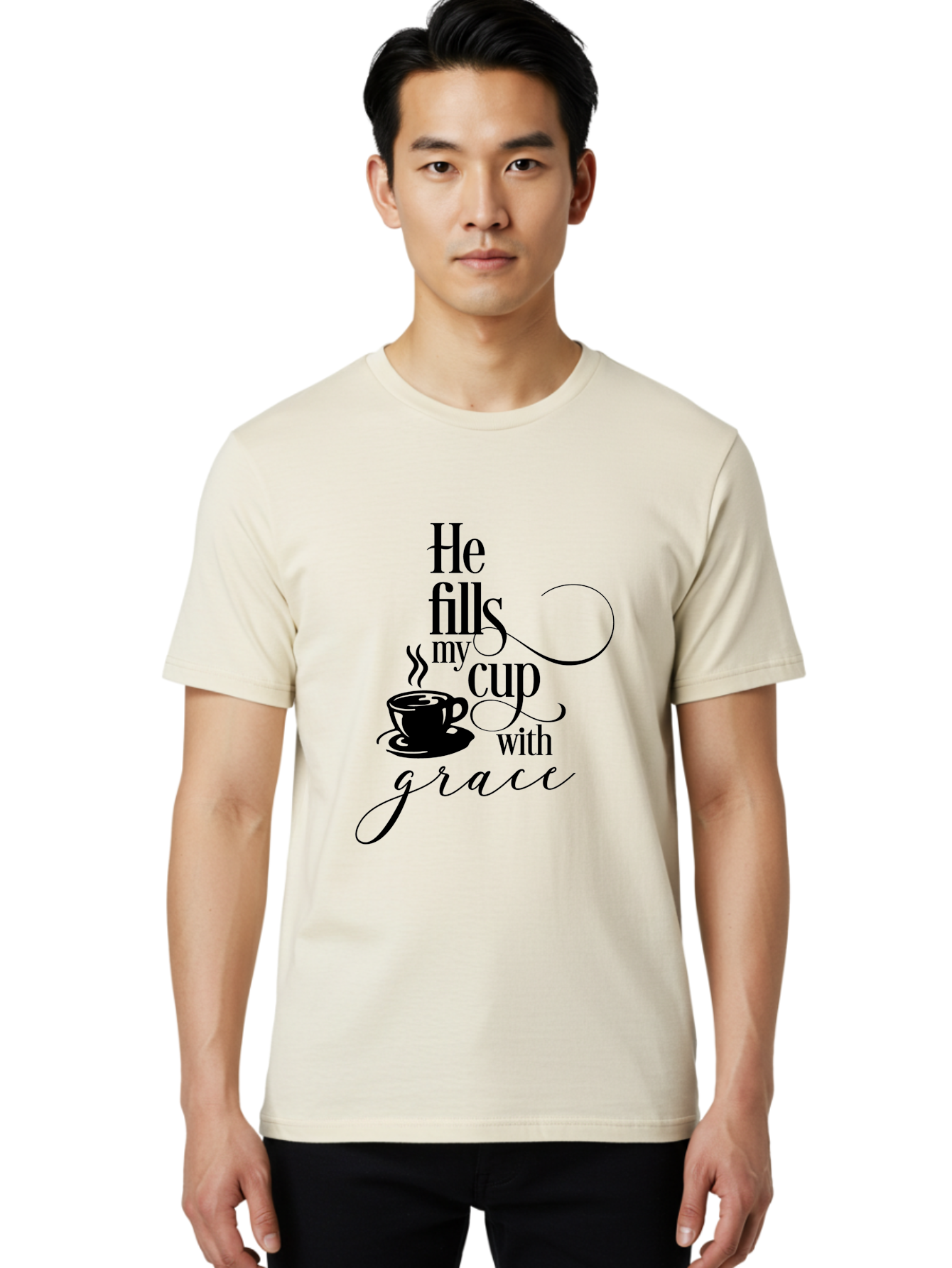He-Fills-My-Cup-With-Grace Men'S Graphic Tee, 100% Cotton, Comfortable Casual Summer Wear, Machine Washable, Inspirational Quote, Coffee Cup, Steaming Hot, Morning Motivation, Faith-Based Design, Coffee Break, Motivational Words, Aac802