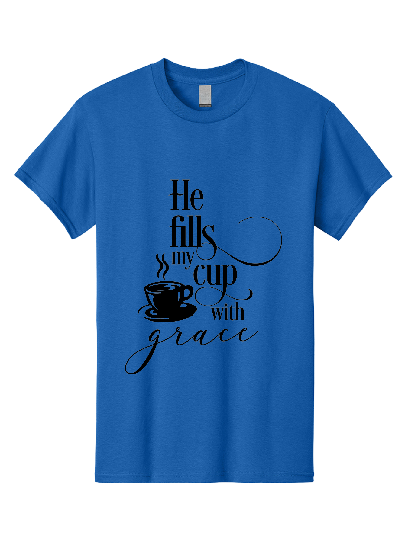 He-Fills-My-Cup-With-Grace Men'S Graphic Tee, 100% Cotton, Comfortable Casual Summer Wear, Machine Washable, Inspirational Quote, Coffee Cup, Steaming Hot, Morning Motivation, Faith-Based Design, Coffee Break, Motivational Words, Aac802