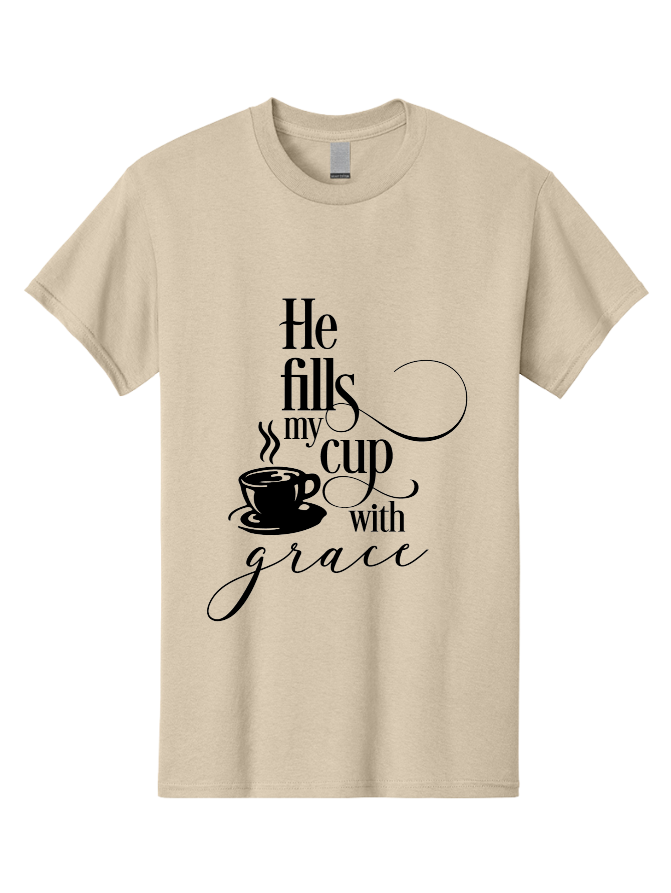 He-Fills-My-Cup-With-Grace Men'S Graphic Tee, 100% Cotton, Comfortable Casual Summer Wear, Machine Washable, Inspirational Quote, Coffee Cup, Steaming Hot, Morning Motivation, Faith-Based Design, Coffee Break, Motivational Words, Aac802