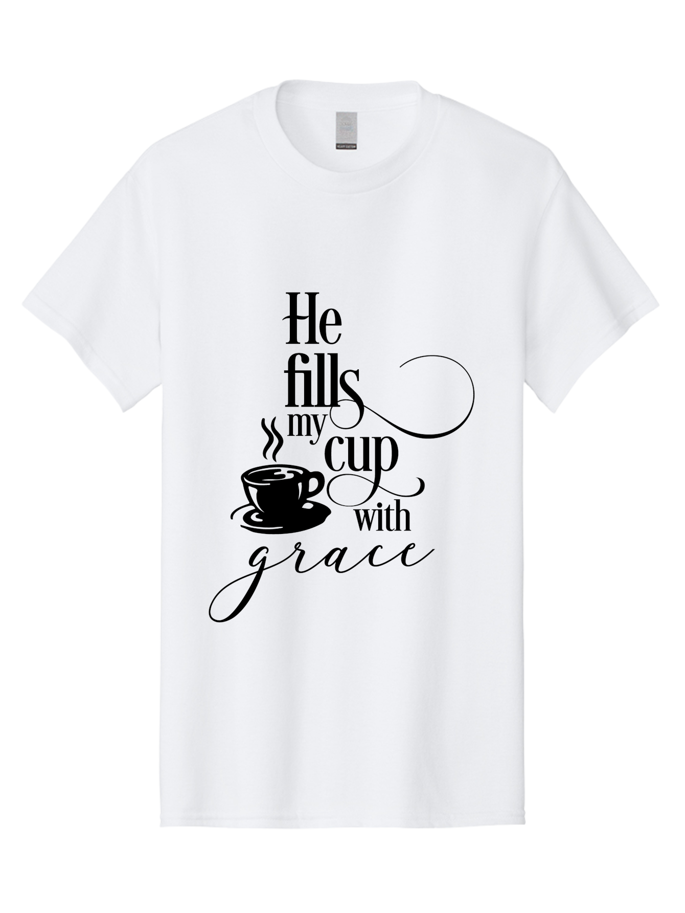 He-Fills-My-Cup-With-Grace Men'S Graphic Tee, 100% Cotton, Comfortable Casual Summer Wear, Machine Washable, Inspirational Quote, Coffee Cup, Steaming Hot, Morning Motivation, Faith-Based Design, Coffee Break, Motivational Words, Aac802