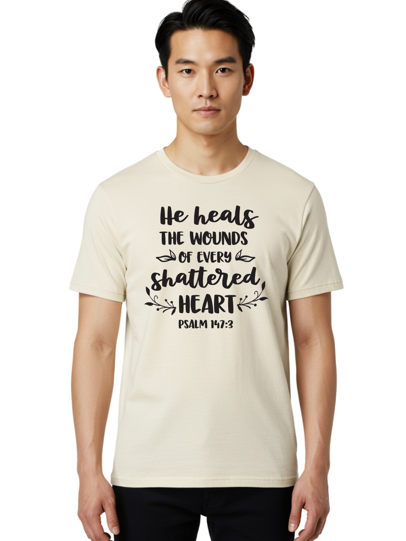 He-Heals-The-Wounds-Of-Every-Shattered-Heart-Psalm-147-3 Men'S Graphic Tee, 100% Cotton, Comfortable Casual Summer Wear, Machine Washable, Inspirational Quote, Bible Verse, Healing Scripture, Psalm 147:3, Heart Healing, Faith Based, Aac804