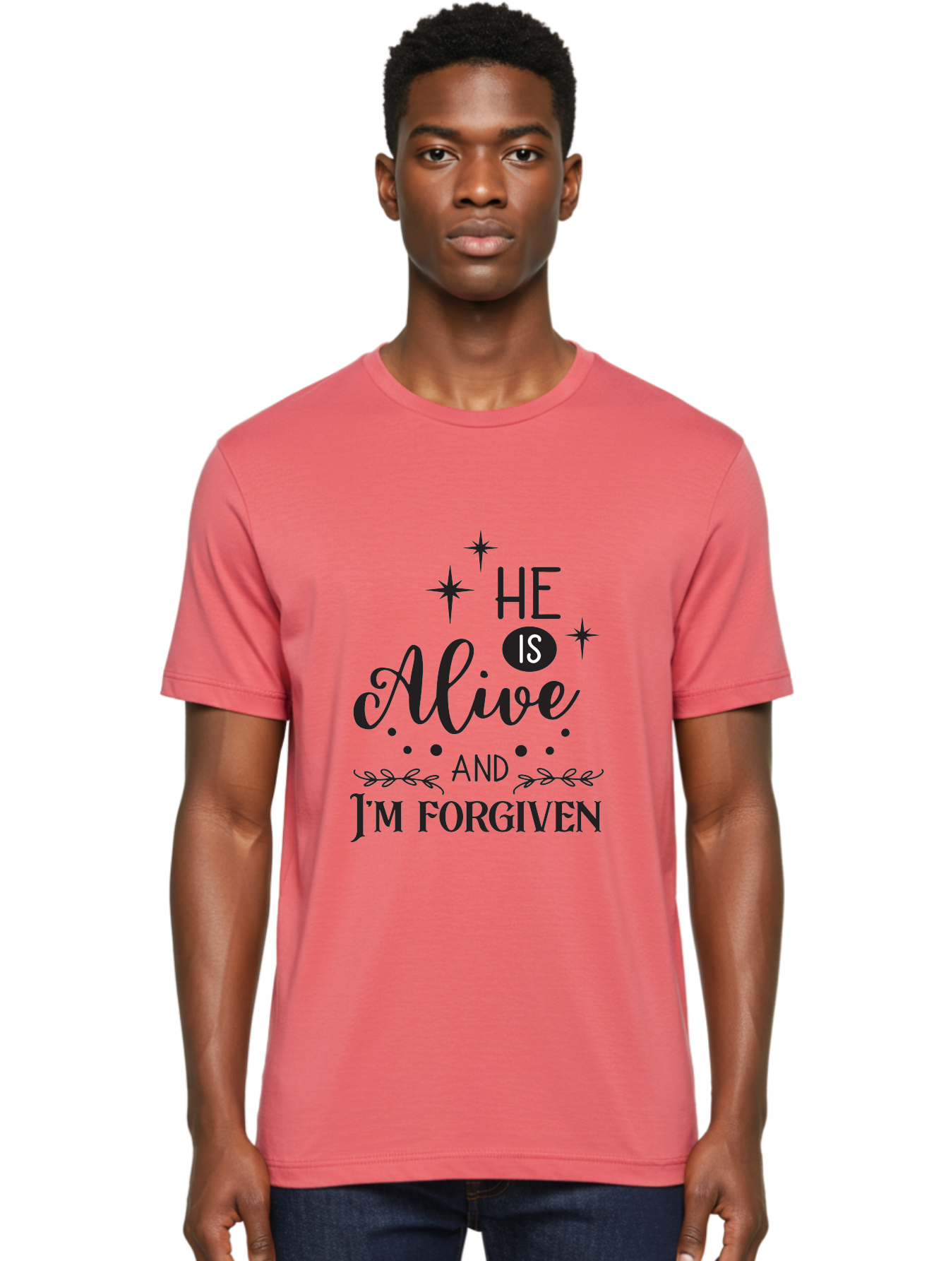 He-Is-Alive-And-I-M-Forgiven Men'S Graphic Tee, 100% Cotton, Comfortable Casual Summer Wear, Machine Washable, Inspirational Quote, Christian Message, Faith And Spirituality, Religious Text, Forgiveness And Salvation, Motivational Words, Aac805