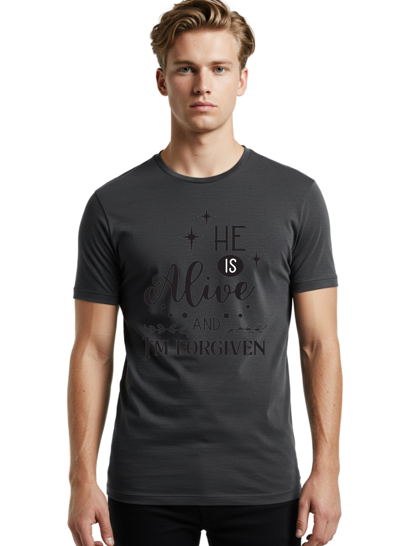 He-Is-Alive-And-I-M-Forgiven Men'S Graphic Tee, 100% Cotton, Comfortable Casual Summer Wear, Machine Washable, Inspirational Quote, Christian Message, Faith And Spirituality, Religious Text, Forgiveness And Salvation, Motivational Words, Aac805